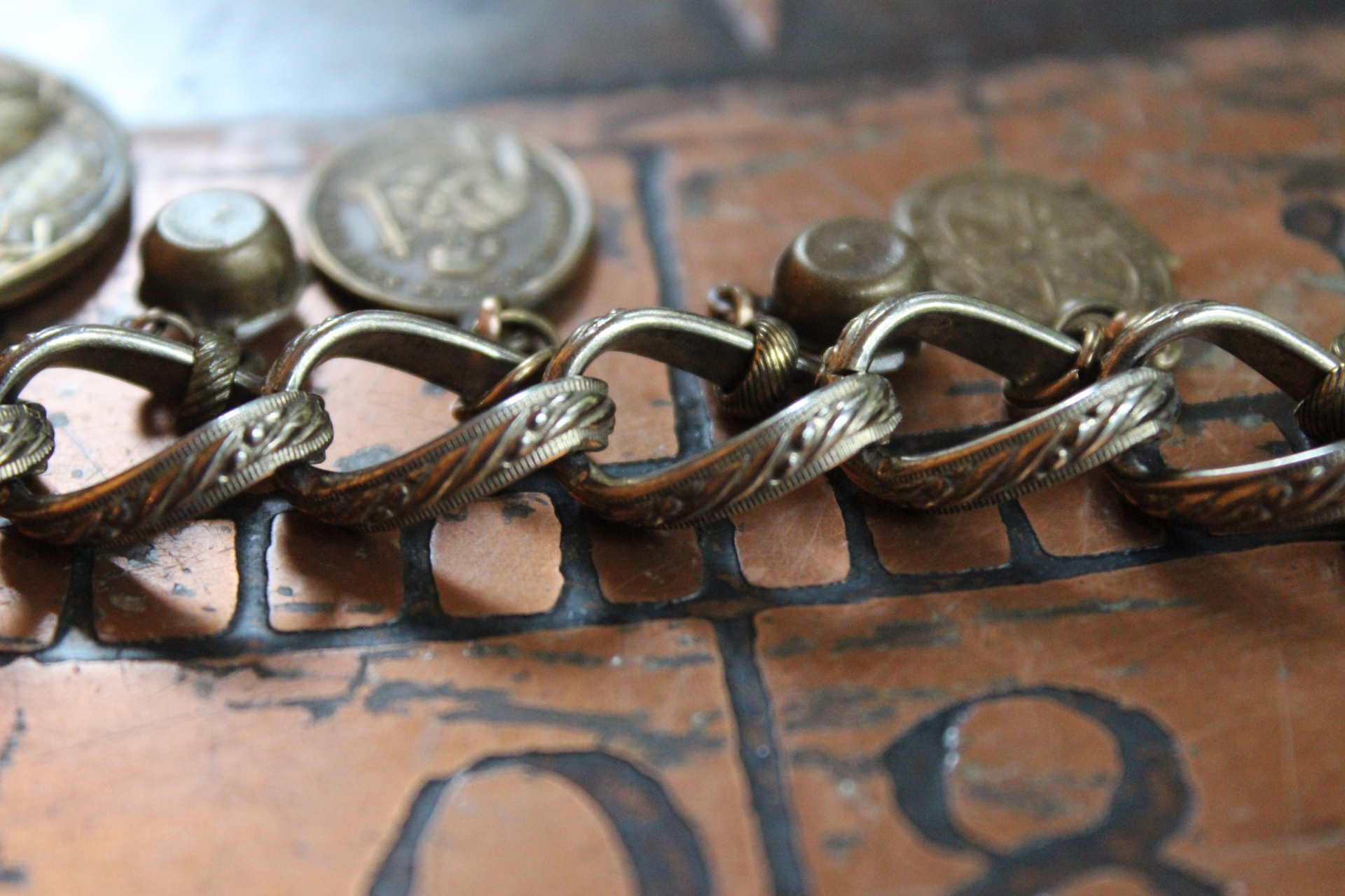 Antique Embossed Link Charm Bracelet Set with Antique French Medals and Cup Set Faceted Rhinestone Drops