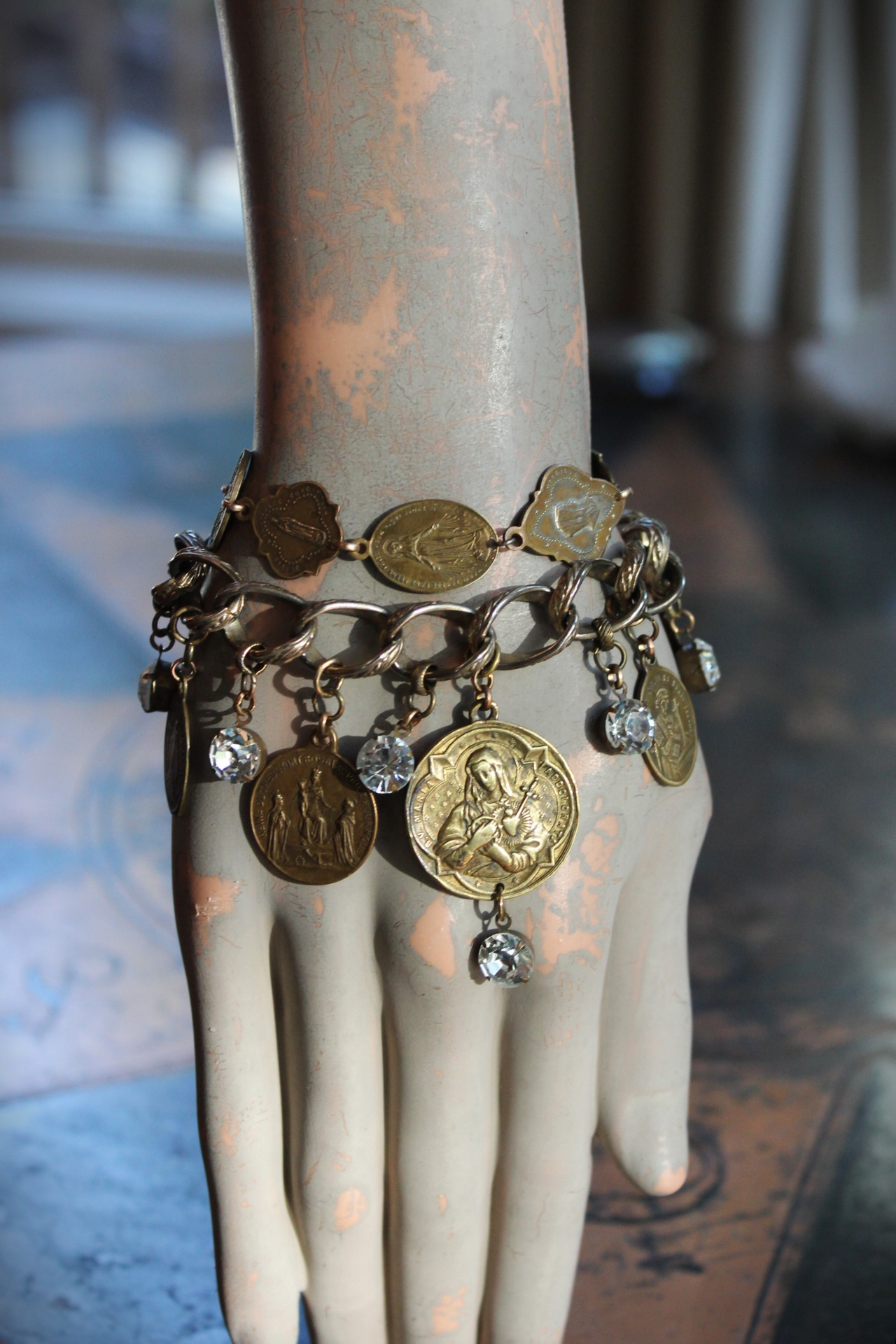 Antique Embossed Link Charm Bracelet Set with Antique French Medals and Cup Set Faceted Rhinestone Drops