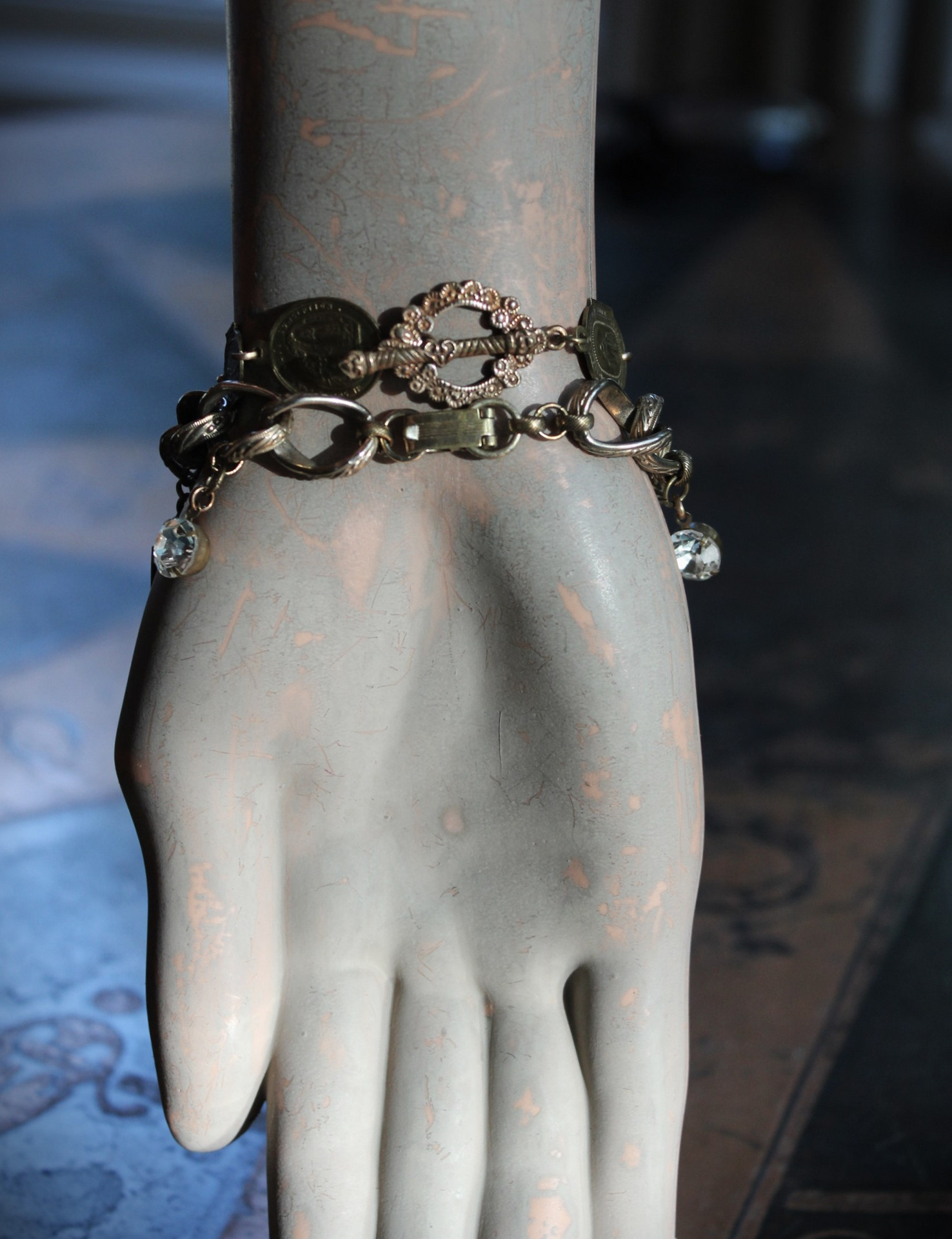 Antique Embossed Link Charm Bracelet Set with Antique French Medals and Cup Set Faceted Rhinestone Drops