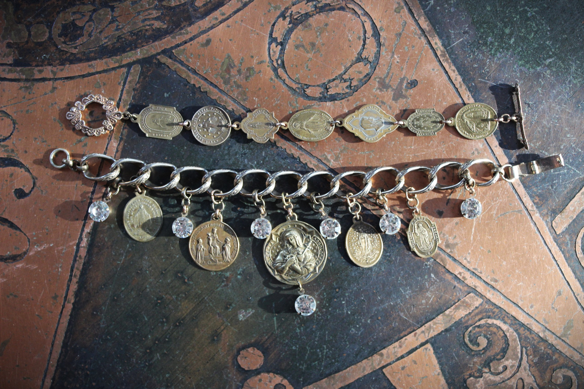 Antique Embossed Link Charm Bracelet Set with Antique French Medals and Cup Set Faceted Rhinestone Drops