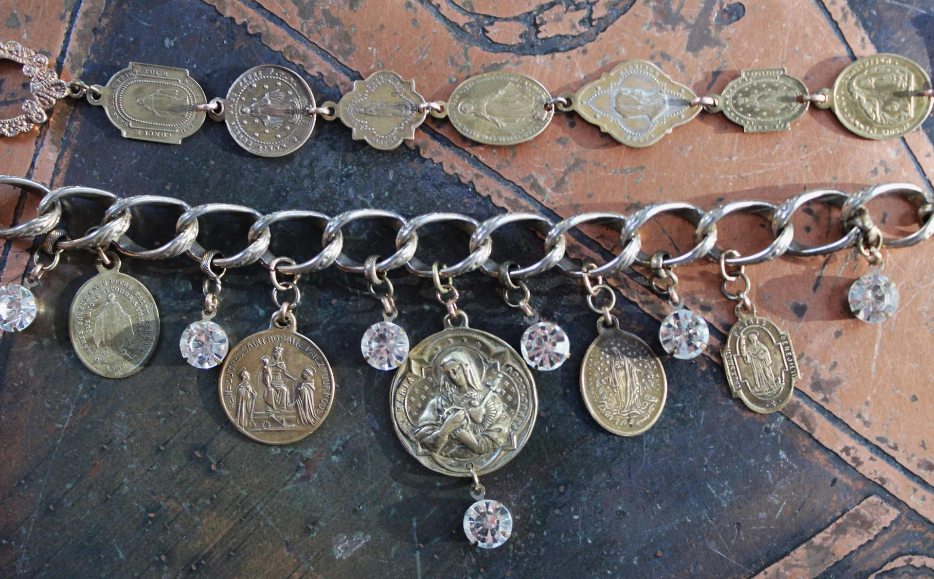 Antique Embossed Link Charm Bracelet Set with Antique French Medals and Cup Set Faceted Rhinestone Drops
