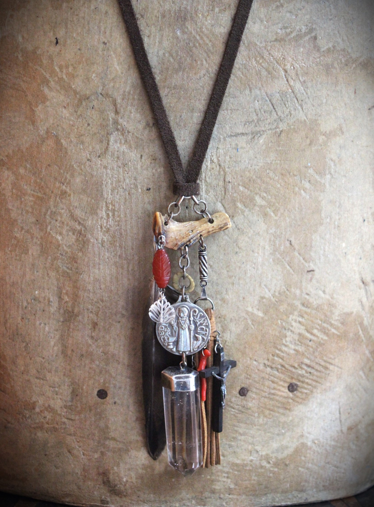 Begin Again Unisex Necklace with Rare Large Sterling Saint Benedict Medal,Sterling Capped Quartz Point,Antique Rosary Crucifix & More!