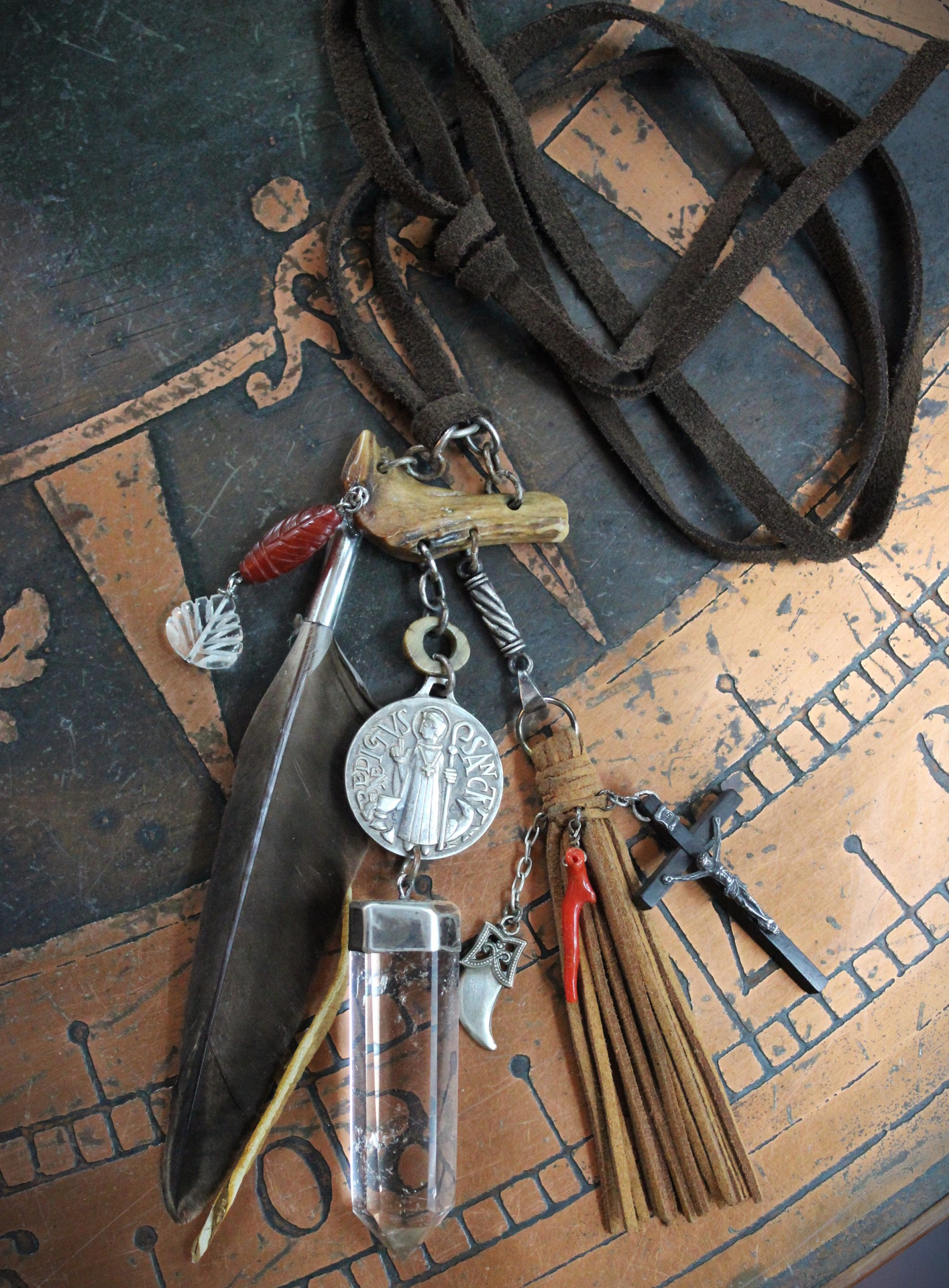 Begin Again Unisex Necklace with Rare Large Sterling Saint Benedict Medal,Sterling Capped Quartz Point,Antique Rosary Crucifix & More!