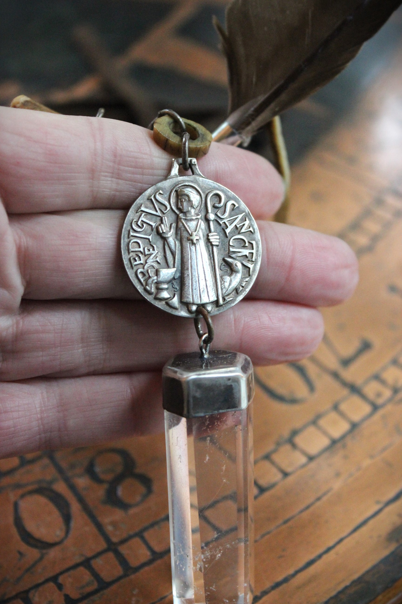 Begin Again Unisex Necklace with Rare Large Sterling Saint Benedict Medal,Sterling Capped Quartz Point,Antique Rosary Crucifix & More!