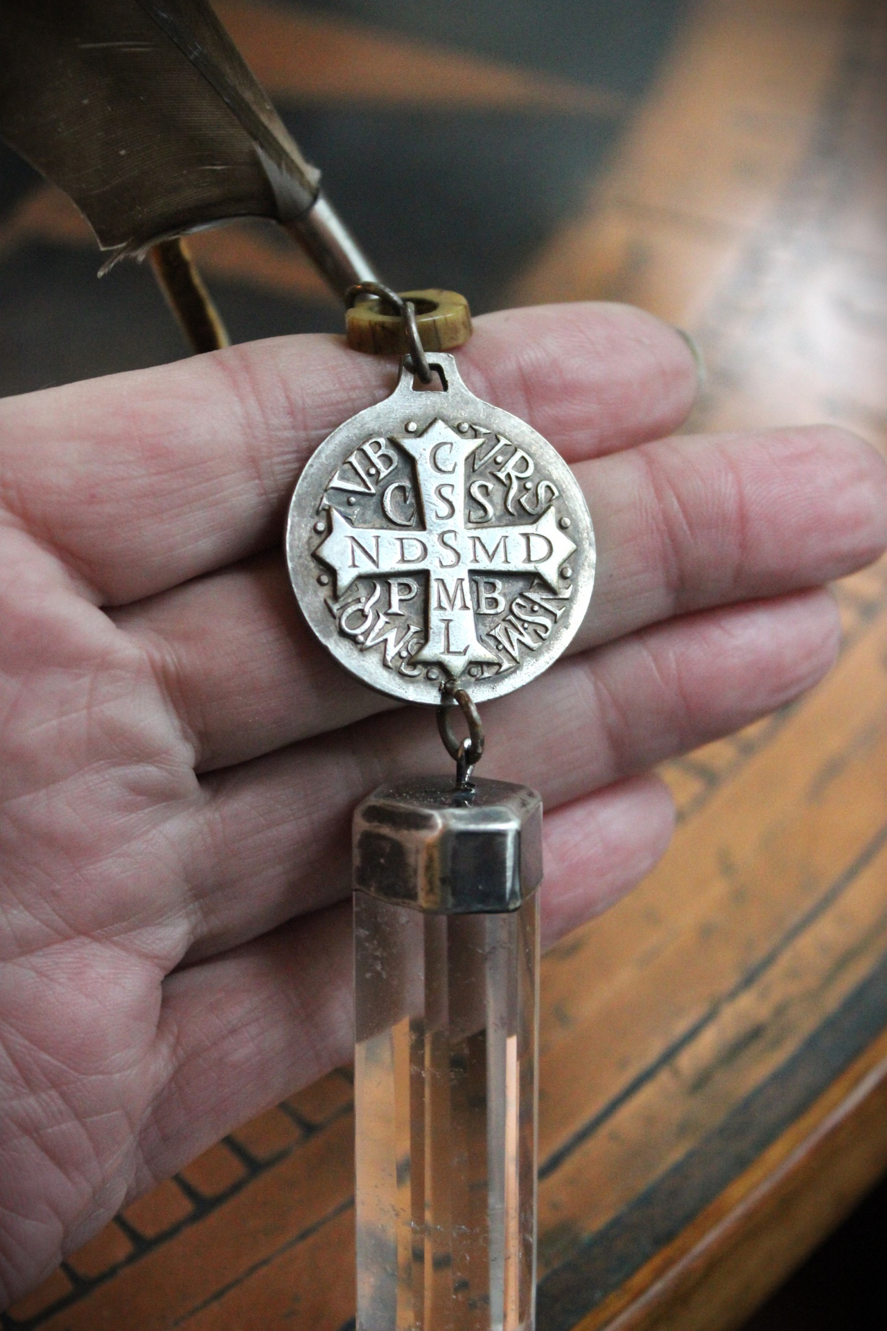 Begin Again Unisex Necklace with Rare Large Sterling Saint Benedict Medal,Sterling Capped Quartz Point,Antique Rosary Crucifix & More!