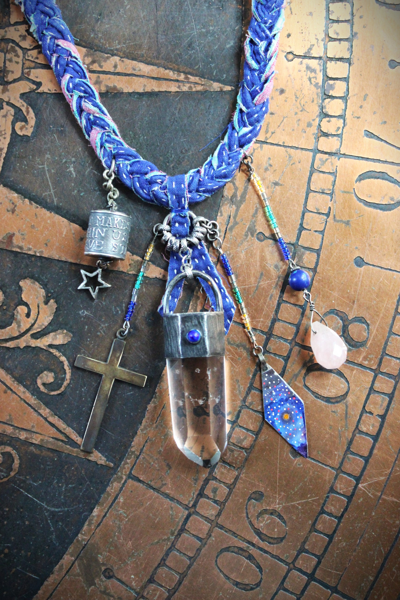 Leaving Stars Necklace with Braided Antique Kantha Textile,Sterling Capped Quartz Point,Sterling Anne Choi Bead,Hand Painted Kuchi Finding & More!