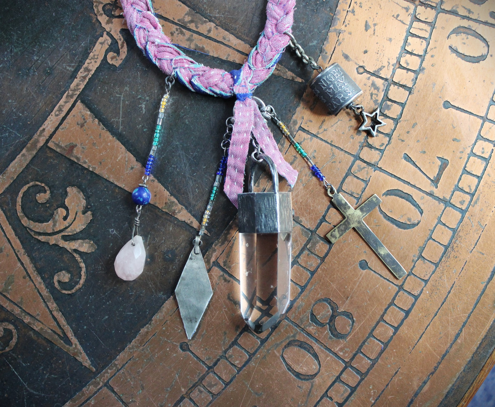 Leaving Stars Necklace with Braided Antique Kantha Textile,Sterling Capped Quartz Point,Sterling Anne Choi Bead,Hand Painted Kuchi Finding & More!