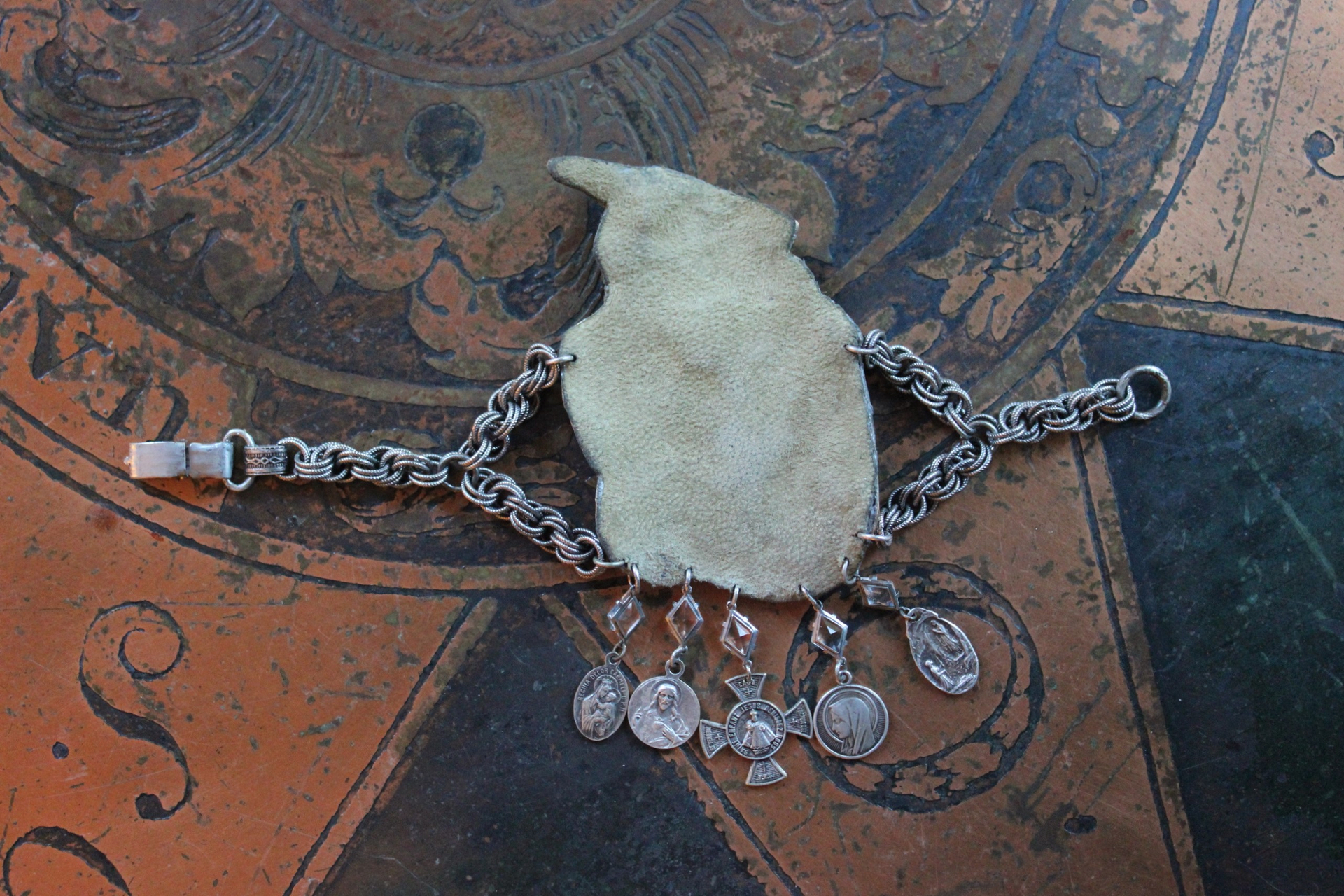 In Your Light Bracelet with Antique French Benitier Finding,Antique French Medals,Antique Diamond Shaped Faceted Rock Crystal Connectors