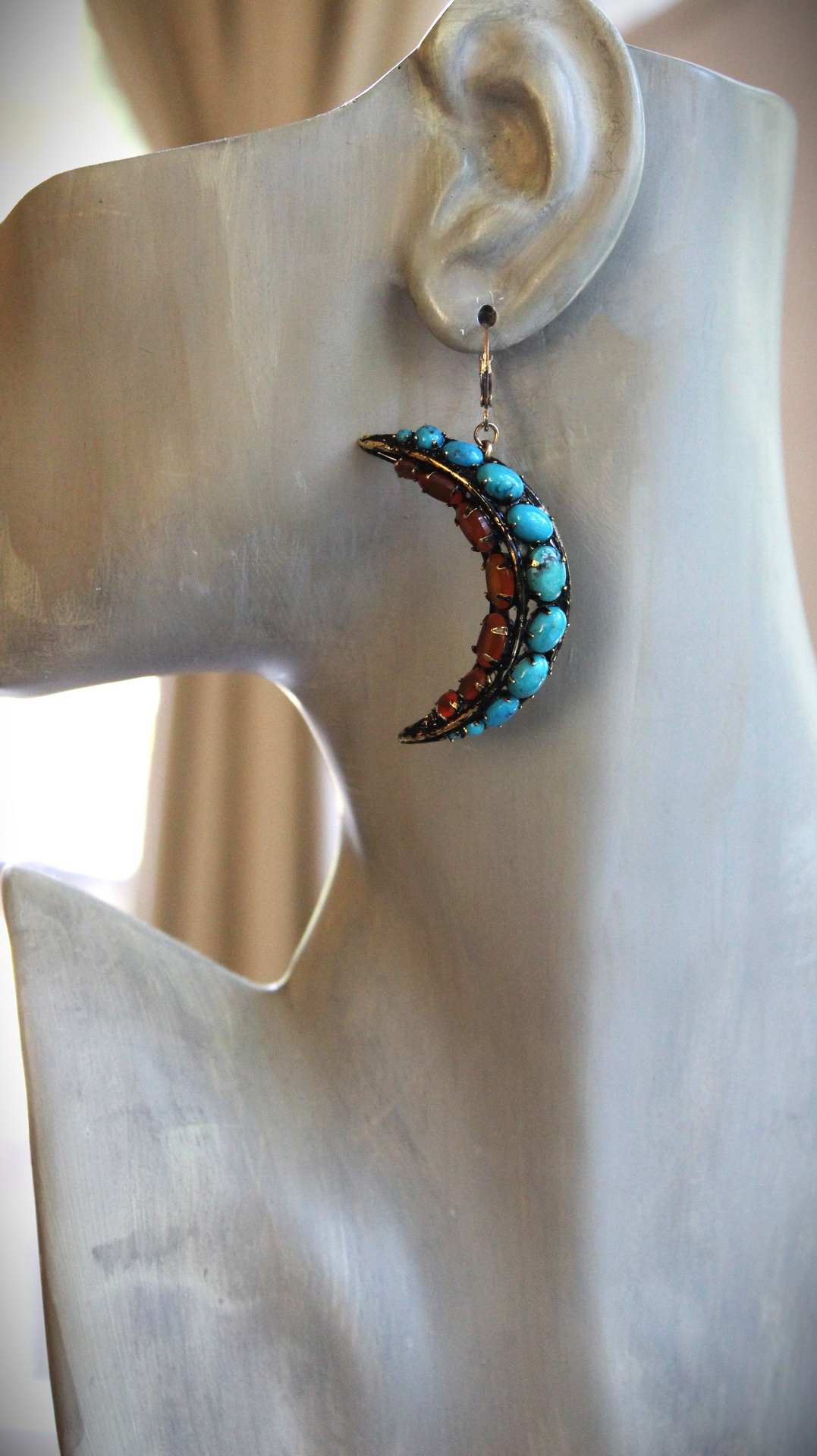 Turquoise & Carnelian Crescent Moon Earrings with Vintage Iradj Moini Findings and Leverback Earring Wires