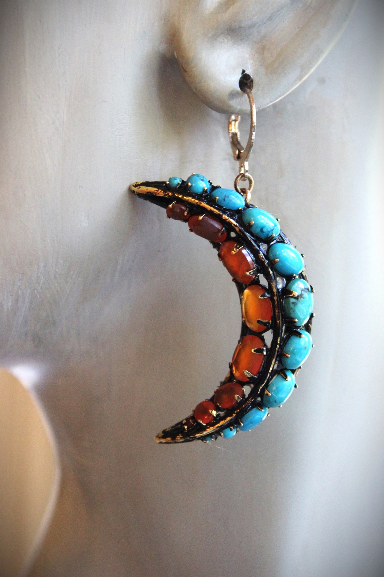 Turquoise & Carnelian Crescent Moon Earrings with Vintage Iradj Moini Findings and Leverback Earring Wires