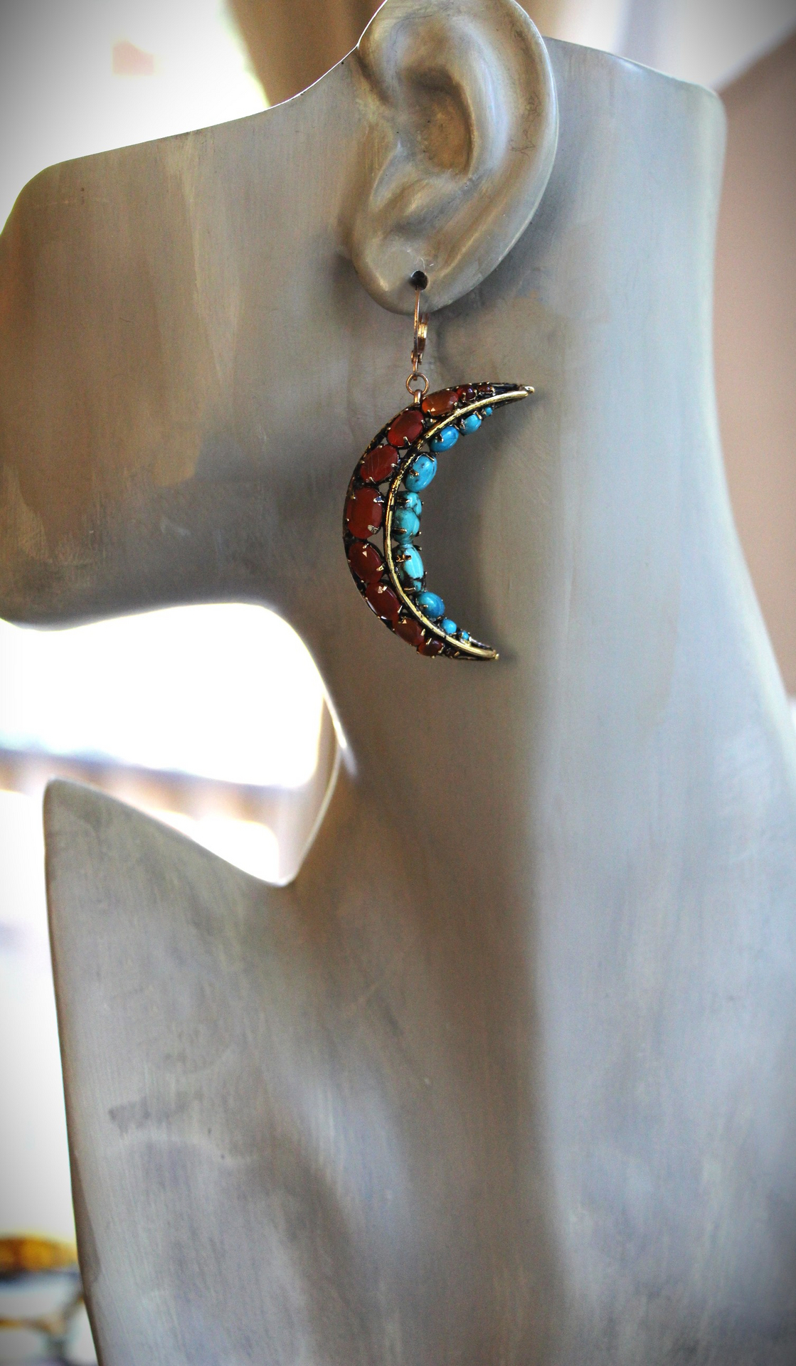 Turquoise & Carnelian Crescent Moon Earrings with Vintage Iradj Moini Findings and Leverback Earring Wires