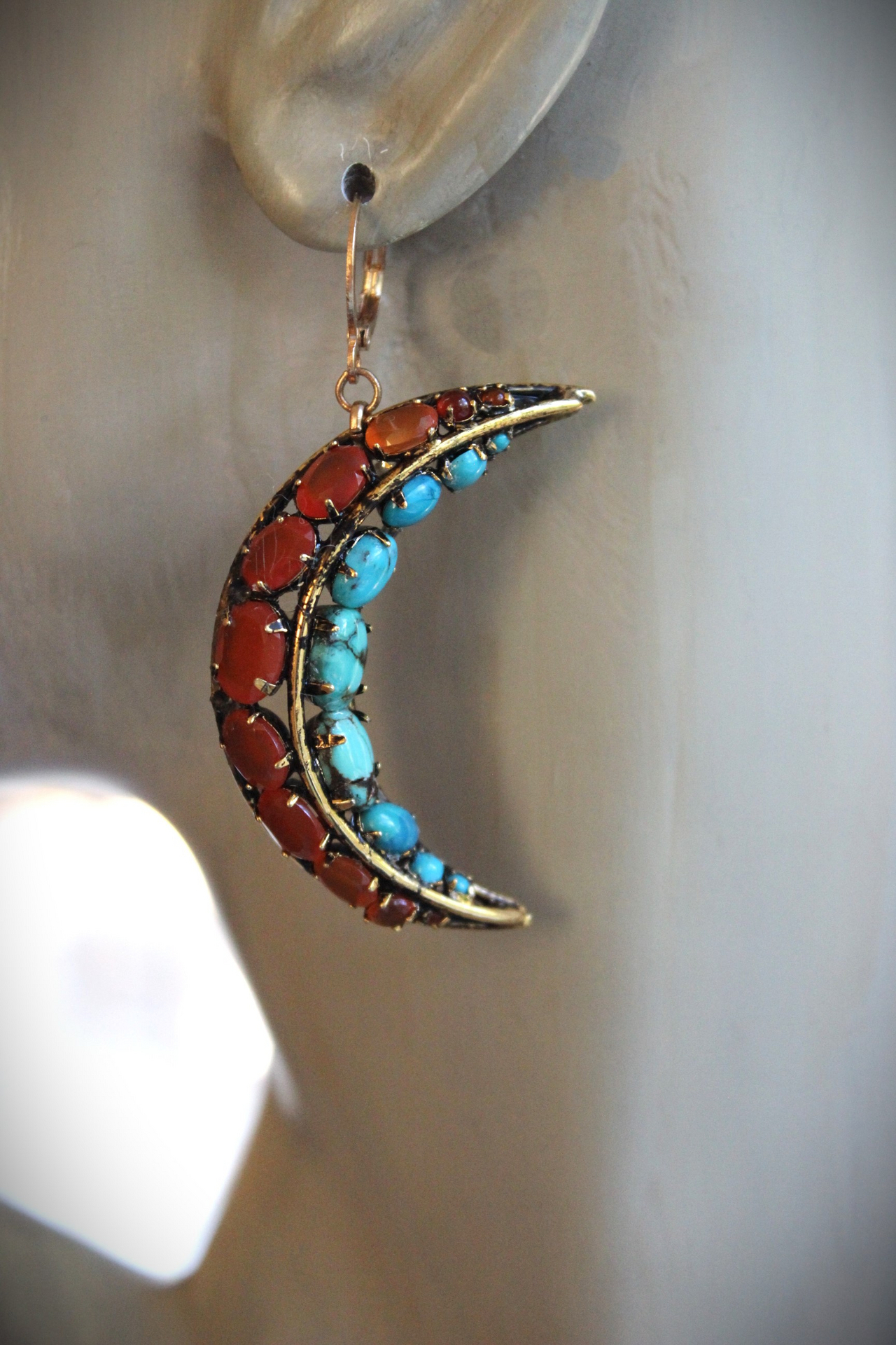 Turquoise & Carnelian Crescent Moon Earrings with Vintage Iradj Moini Findings and Leverback Earring Wires