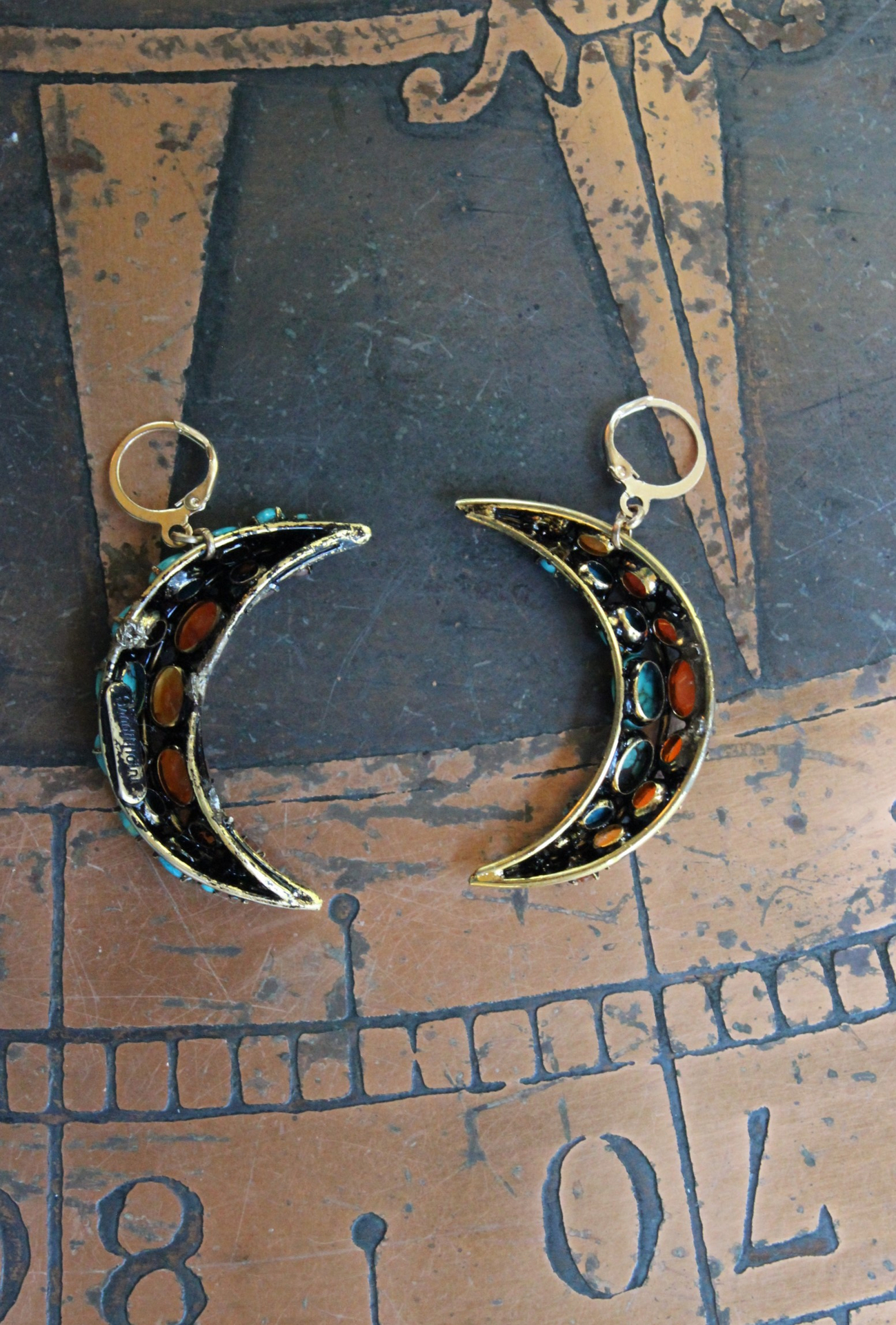 Turquoise & Carnelian Crescent Moon Earrings with Vintage Iradj Moini Findings and Leverback Earring Wires