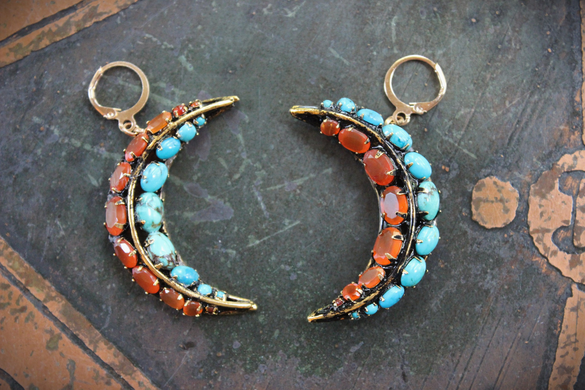 Turquoise & Carnelian Crescent Moon Earrings with Vintage Iradj Moini Findings and Leverback Earring Wires