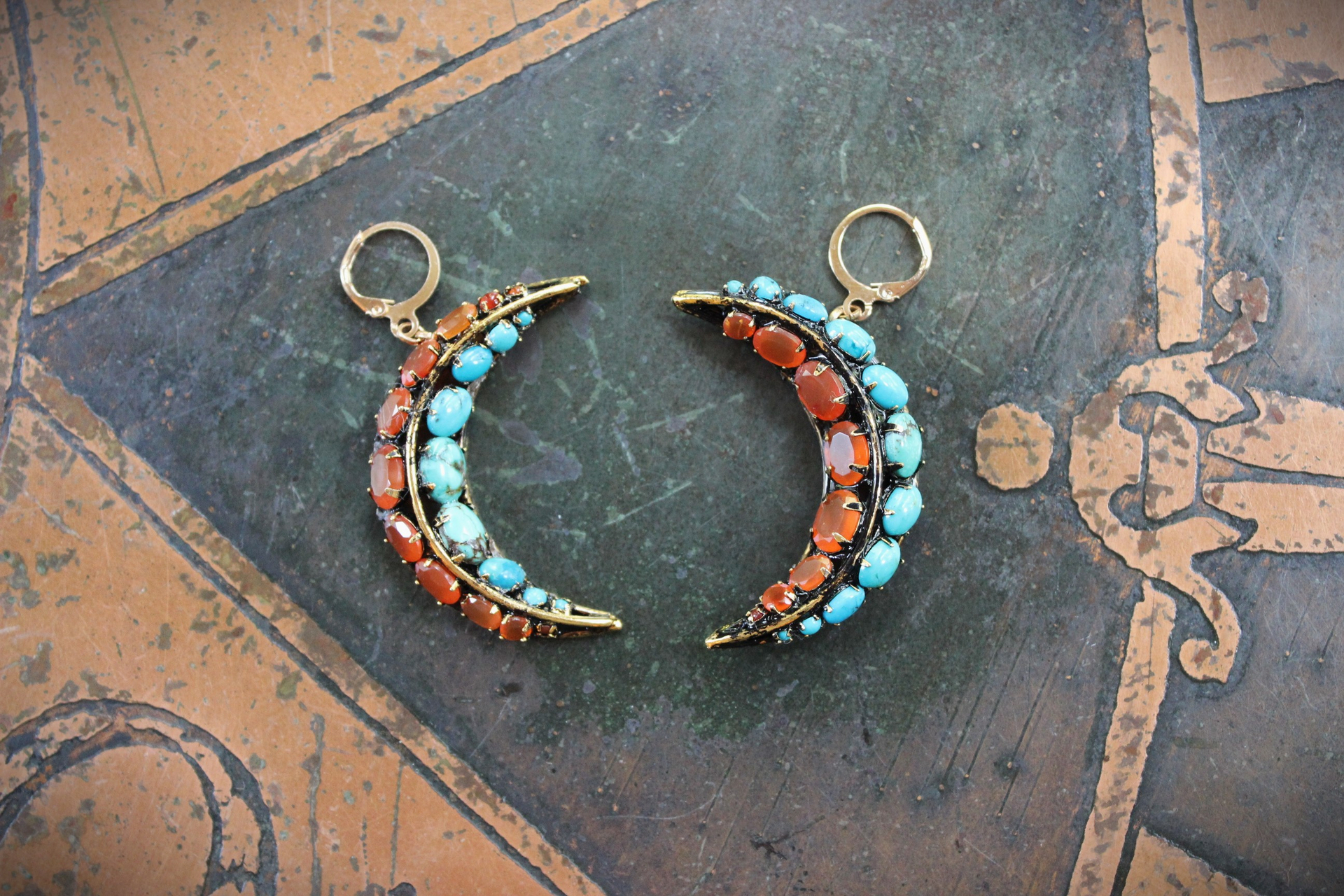 Turquoise & Carnelian Crescent Moon Earrings with Vintage Iradj Moini Findings and Leverback Earring Wires