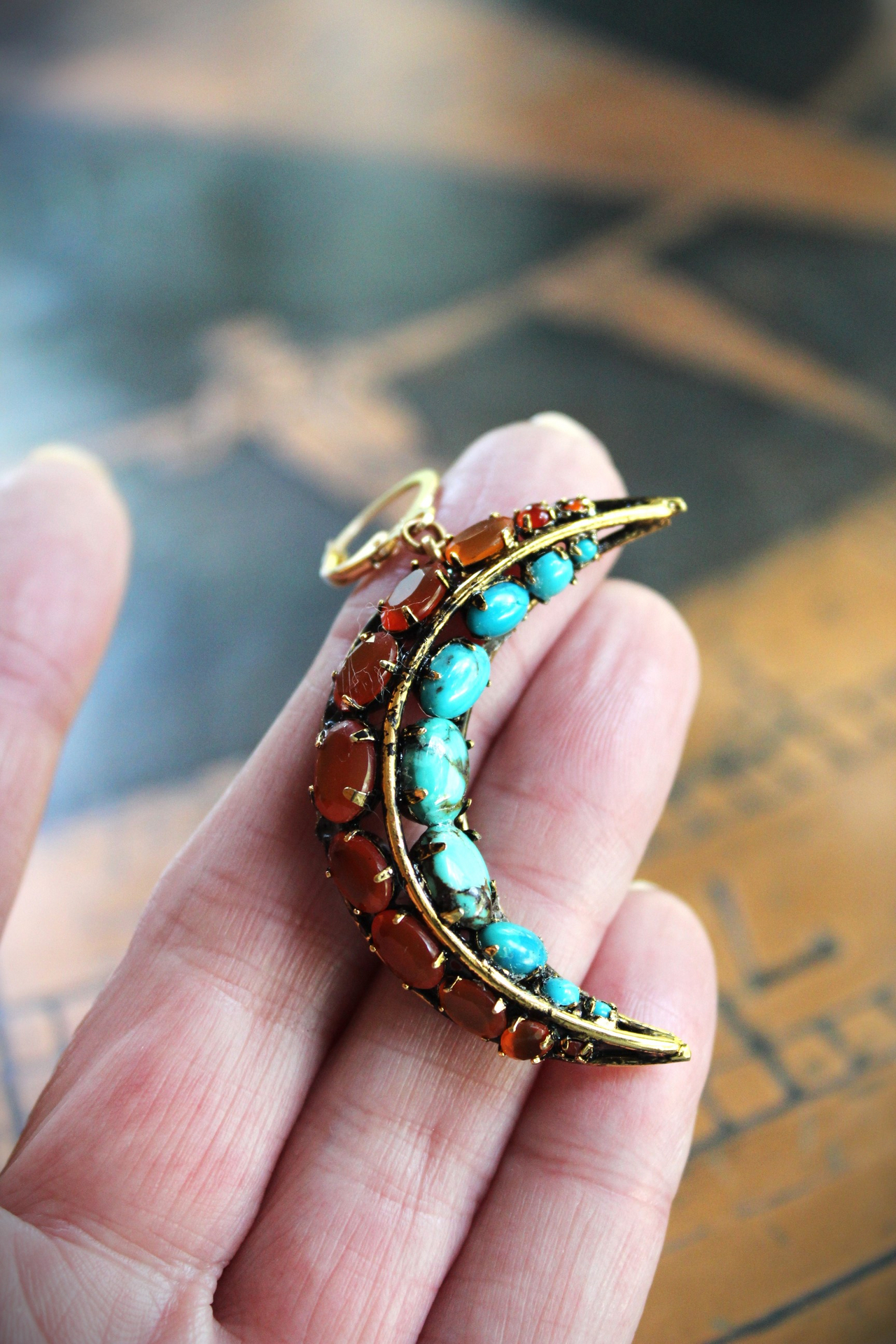 Turquoise & Carnelian Crescent Moon Earrings with Vintage Iradj Moini Findings and Leverback Earring Wires