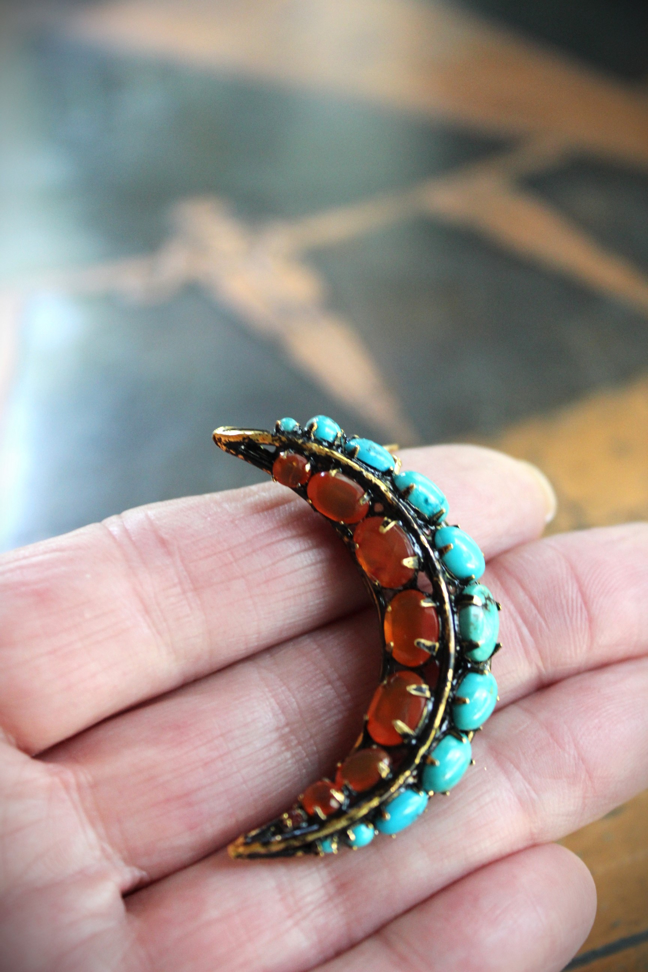 Turquoise & Carnelian Crescent Moon Earrings with Vintage Iradj Moini Findings and Leverback Earring Wires