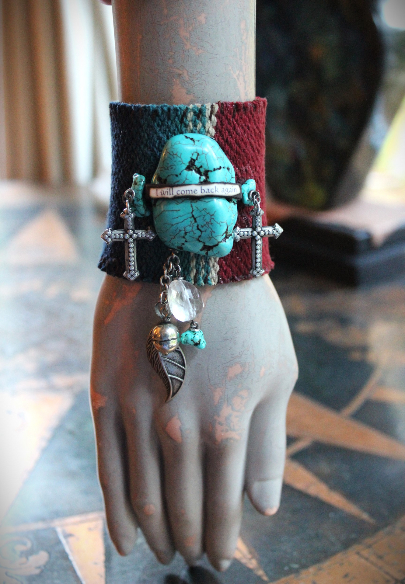 I Will Come Back Again Cuff Bracelet w/Antique Cotton Serape Textile,Turquoise Nuggets,Faceted Clear Quartz,Antique Nickel Buttons & More!