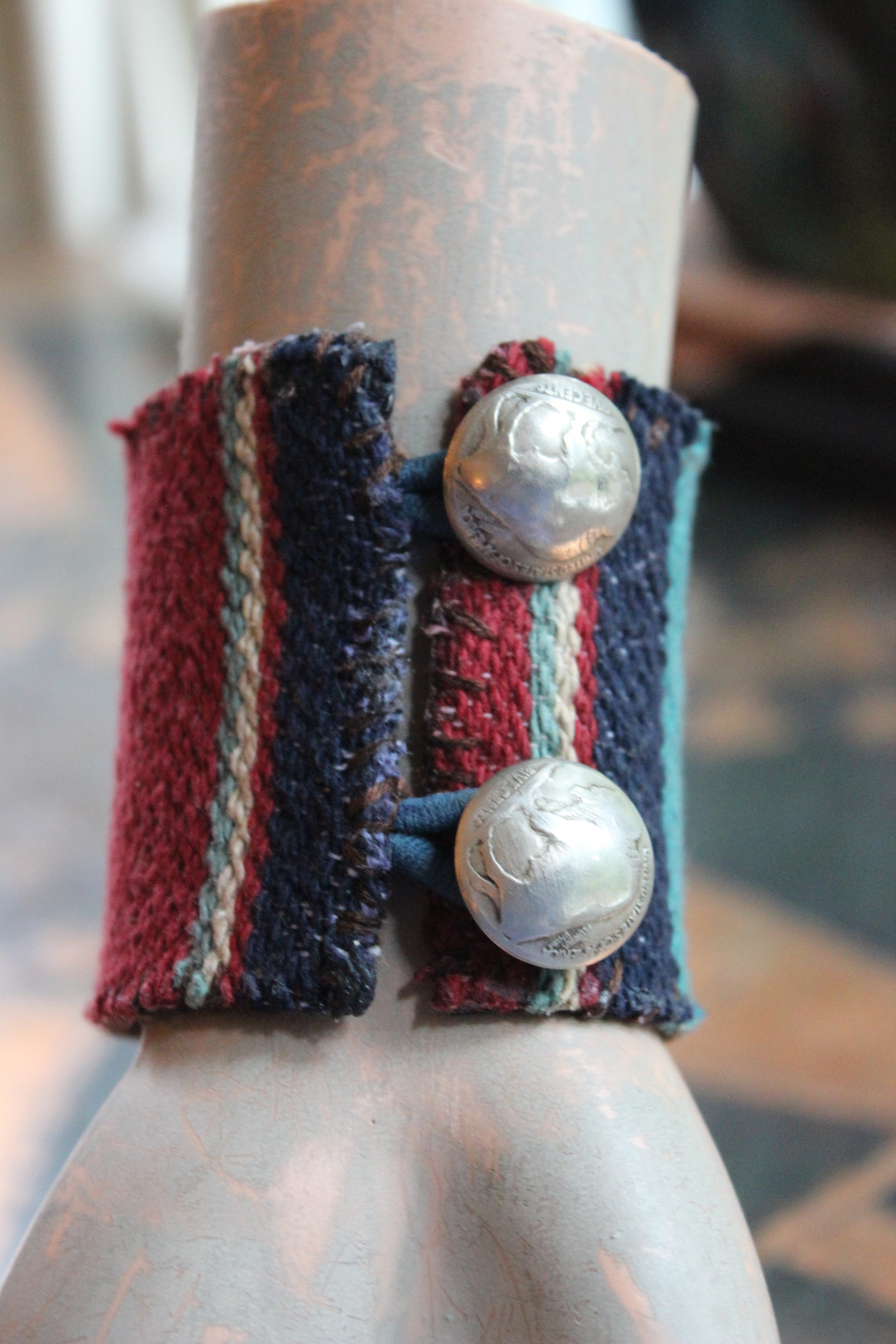 I Will Come Back Again Cuff Bracelet w/Antique Cotton Serape Textile,Turquoise Nuggets,Faceted Clear Quartz,Antique Nickel Buttons & More!