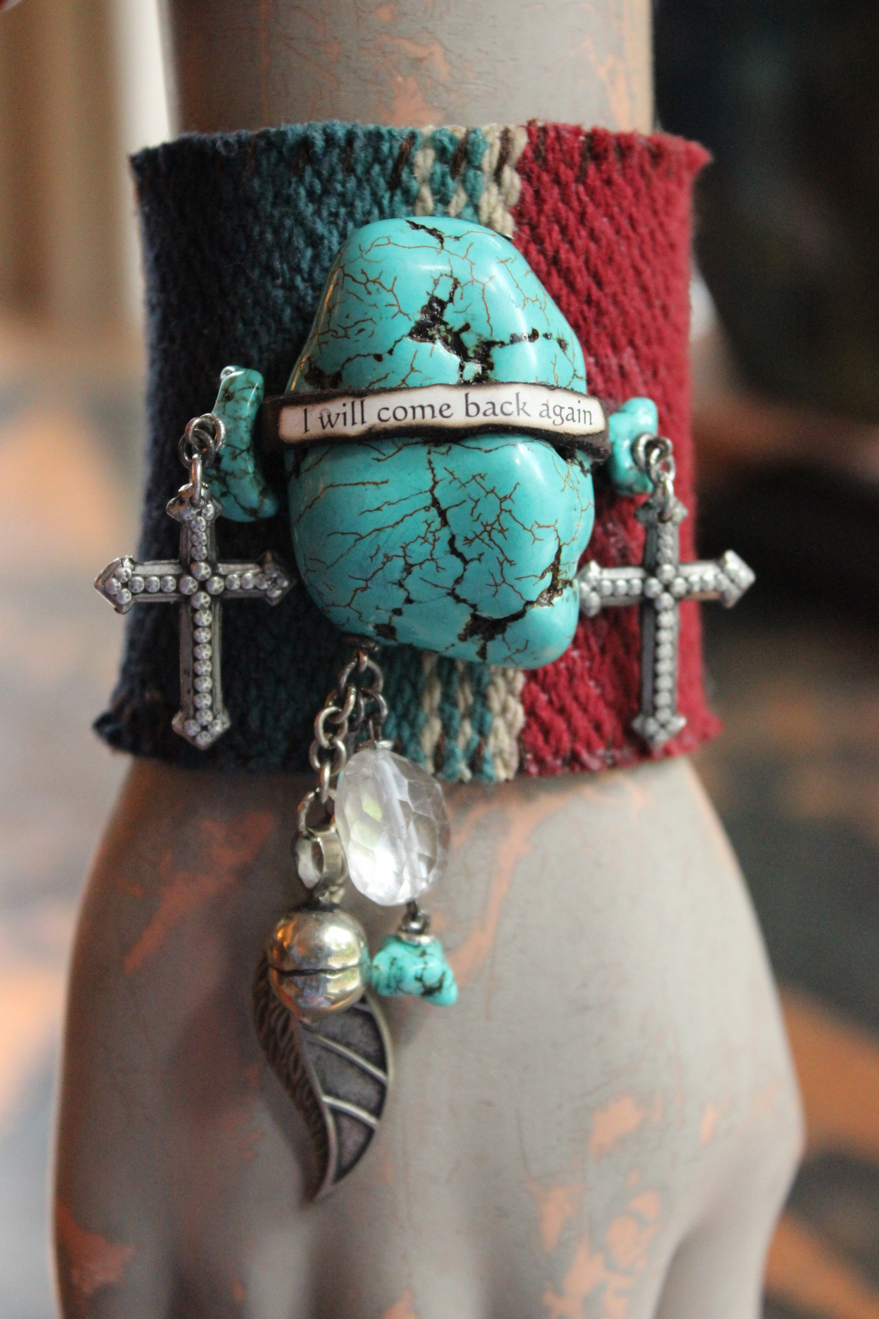 I Will Come Back Again Cuff Bracelet w/Antique Cotton Serape Textile,Turquoise Nuggets,Faceted Clear Quartz,Antique Nickel Buttons & More!