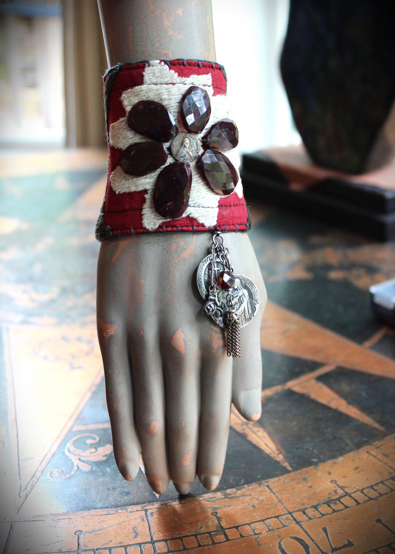 Allow Your Soul Cuff Bracelet with Antique Embroidered Textile, Antique French Medals,Faceted Almandine Garnet & Religious Rose