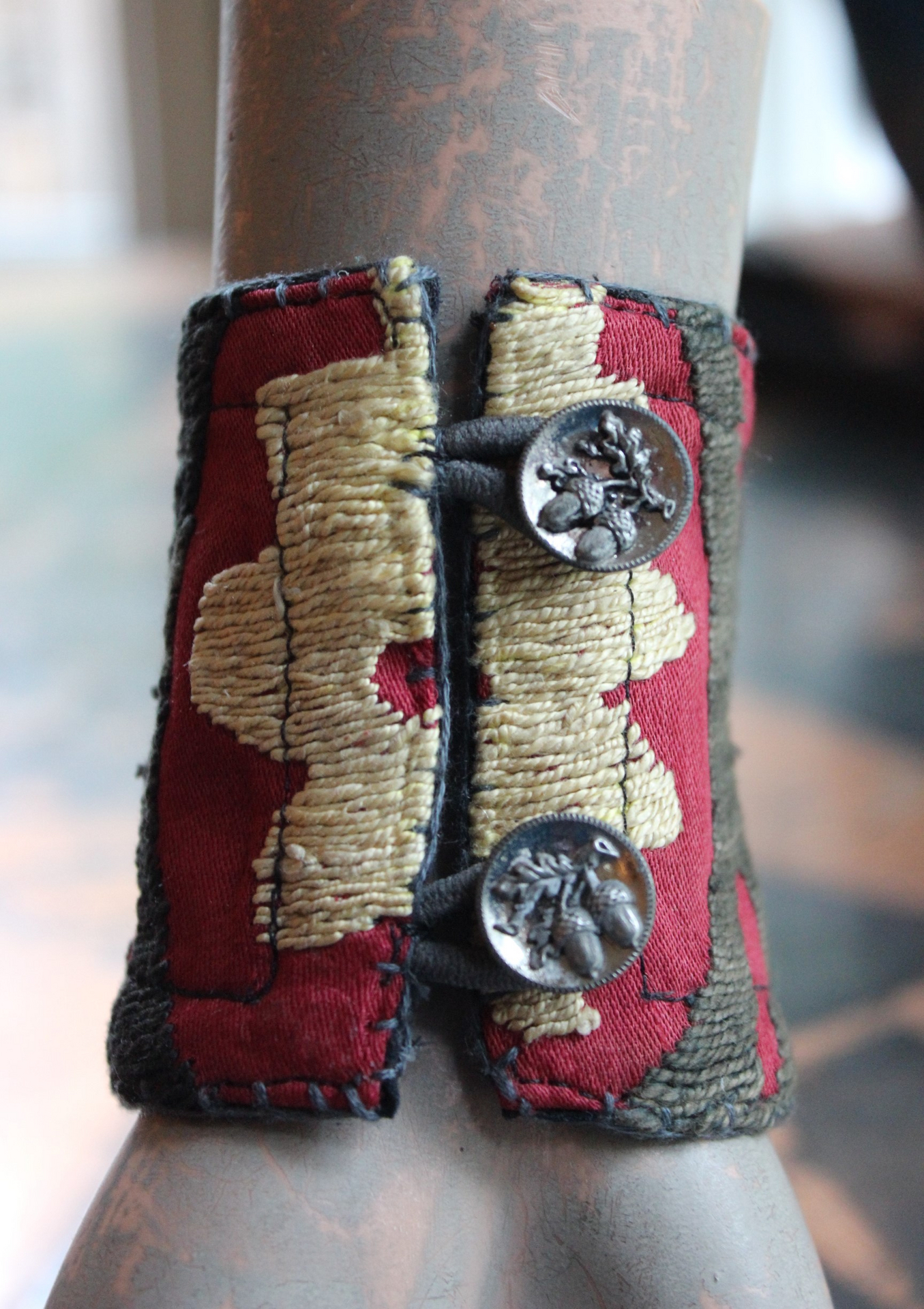 Allow Your Soul Cuff Bracelet with Antique Embroidered Textile, Antique French Medals,Faceted Almandine Garnet & Religious Rose