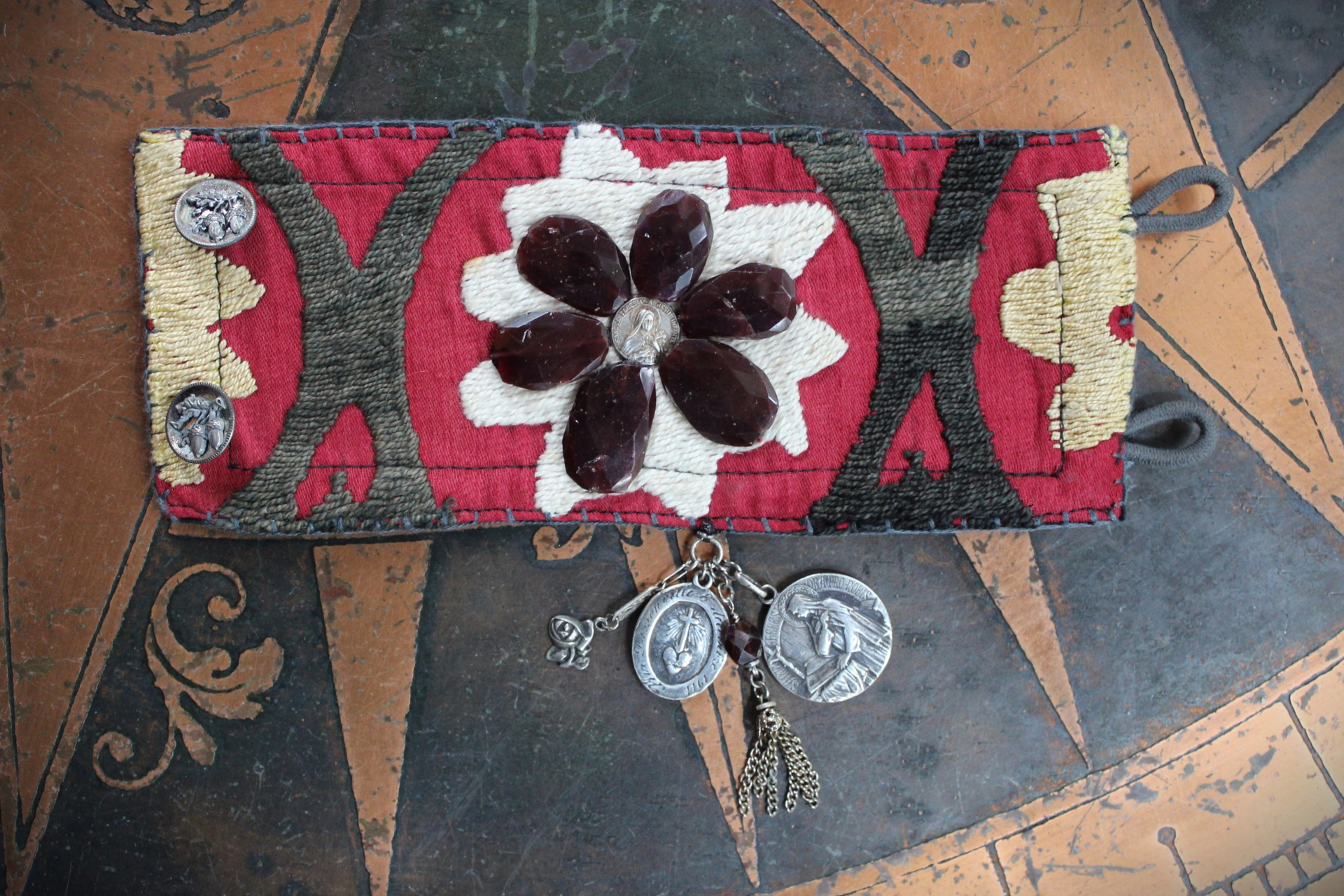 Allow Your Soul Cuff Bracelet with Antique Embroidered Textile, Antique French Medals,Faceted Almandine Garnet & Religious Rose