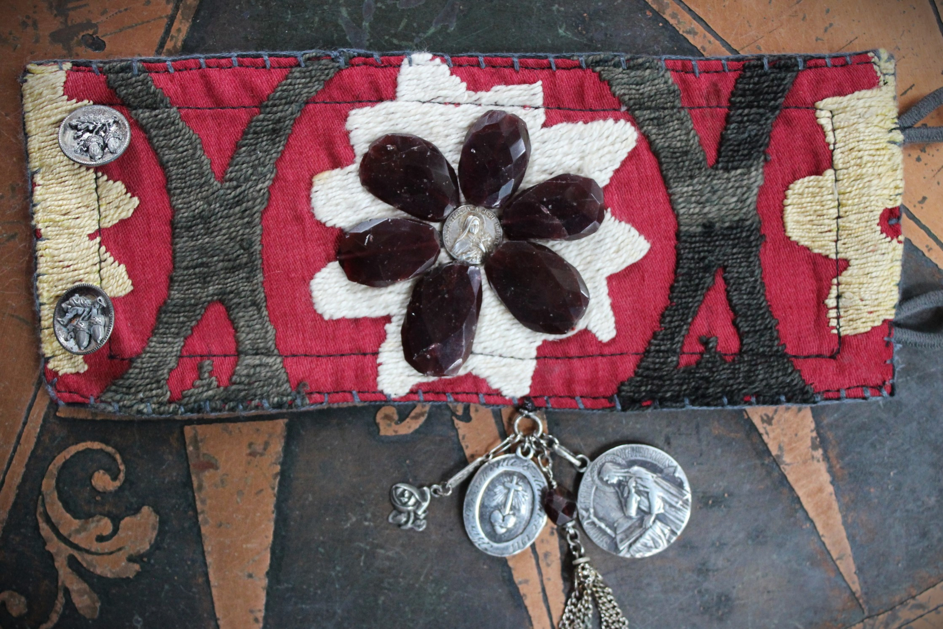 Allow Your Soul Cuff Bracelet with Antique Embroidered Textile, Antique French Medals,Faceted Almandine Garnet & Religious Rose