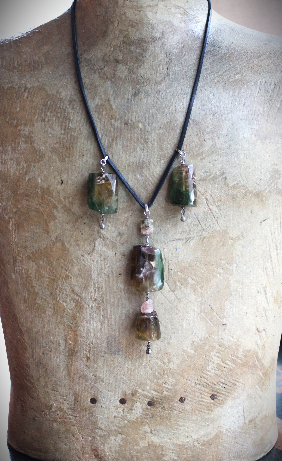 Faceted Watermelon Tourmaline Necklace with Butter Soft Black Leather Ties