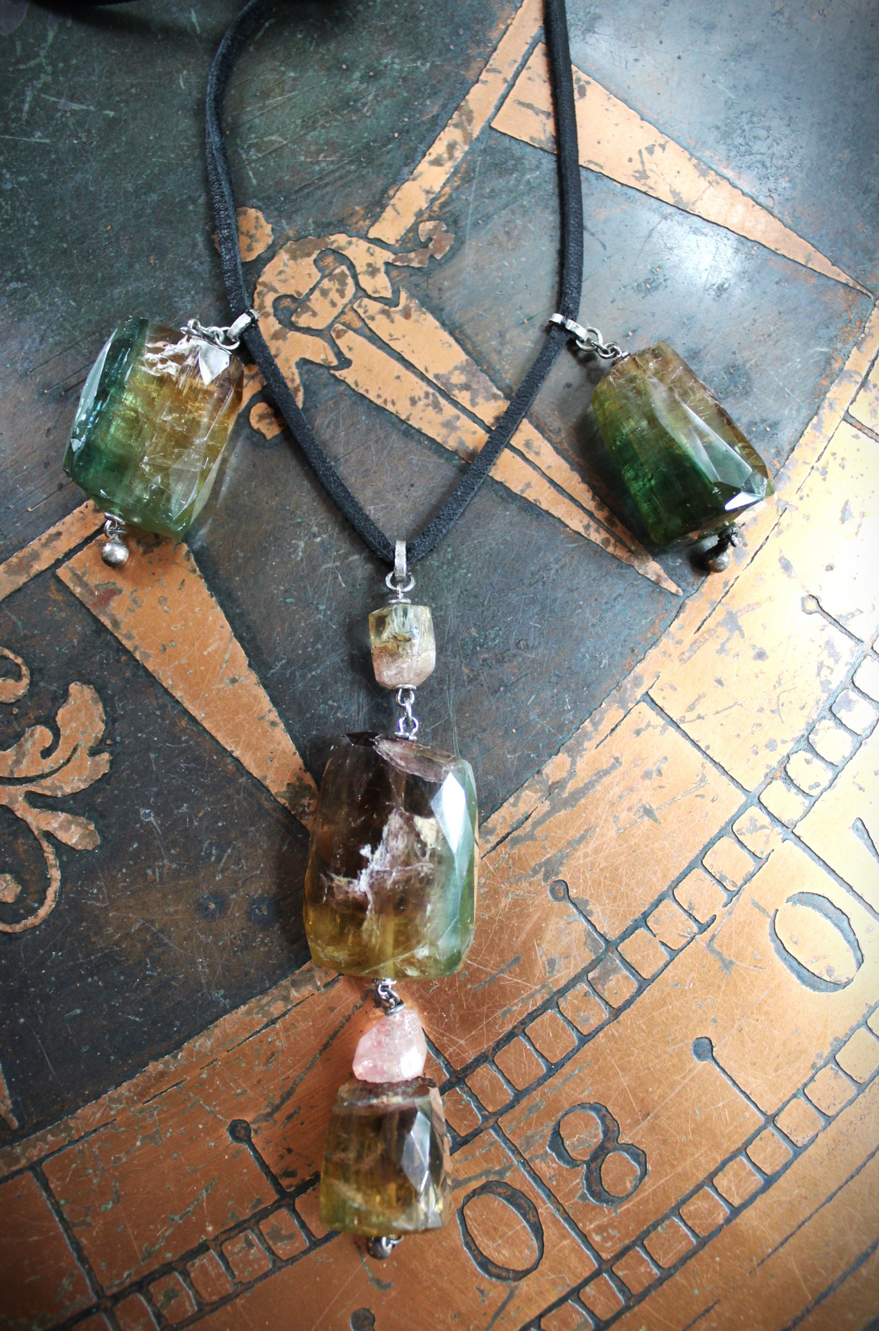 Faceted Watermelon Tourmaline Necklace with Butter Soft Black Leather Ties