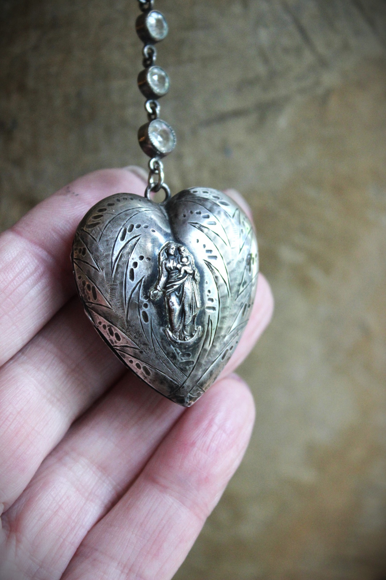 Rare Antique French Sterling Petit Ex Voto Locket with Figural Madonna & Child, Antique Bezel Set Faceted Crystals,Sterling Rolo Chain & Clasp