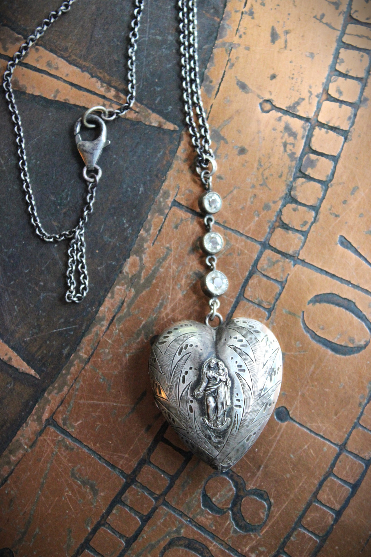 Rare Antique French Sterling Petit Ex Voto Locket with Figural Madonna & Child, Antique Bezel Set Faceted Crystals,Sterling Rolo Chain & Clasp