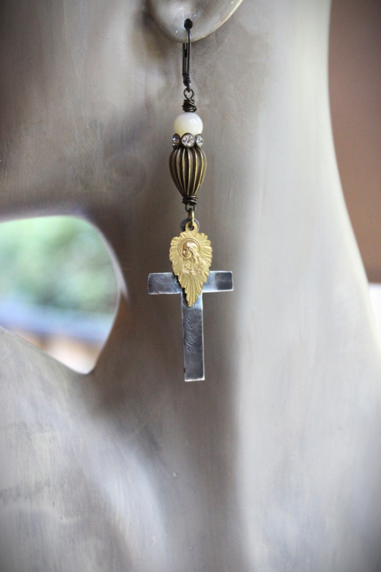 Antique French Sterling Engraved Nun's Cross Earrings w/Gold Leaf Mary and Jesus Findings, Antique Rhinestone Rondelles, Sterling Earring Wires