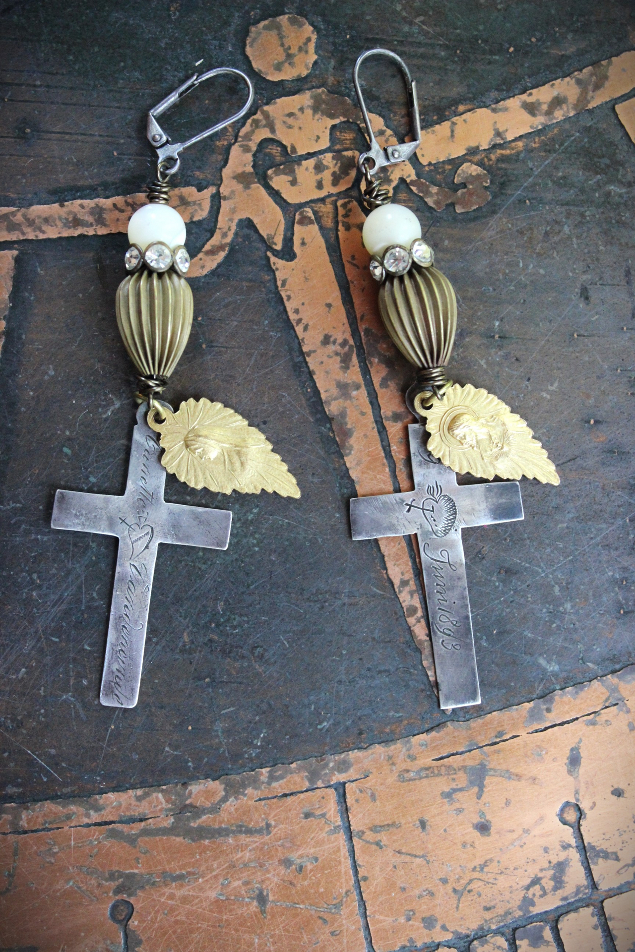 Antique French Sterling Engraved Nun's Cross Earrings w/Gold Leaf Mary and Jesus Findings, Antique Rhinestone Rondelles, Sterling Earring Wires