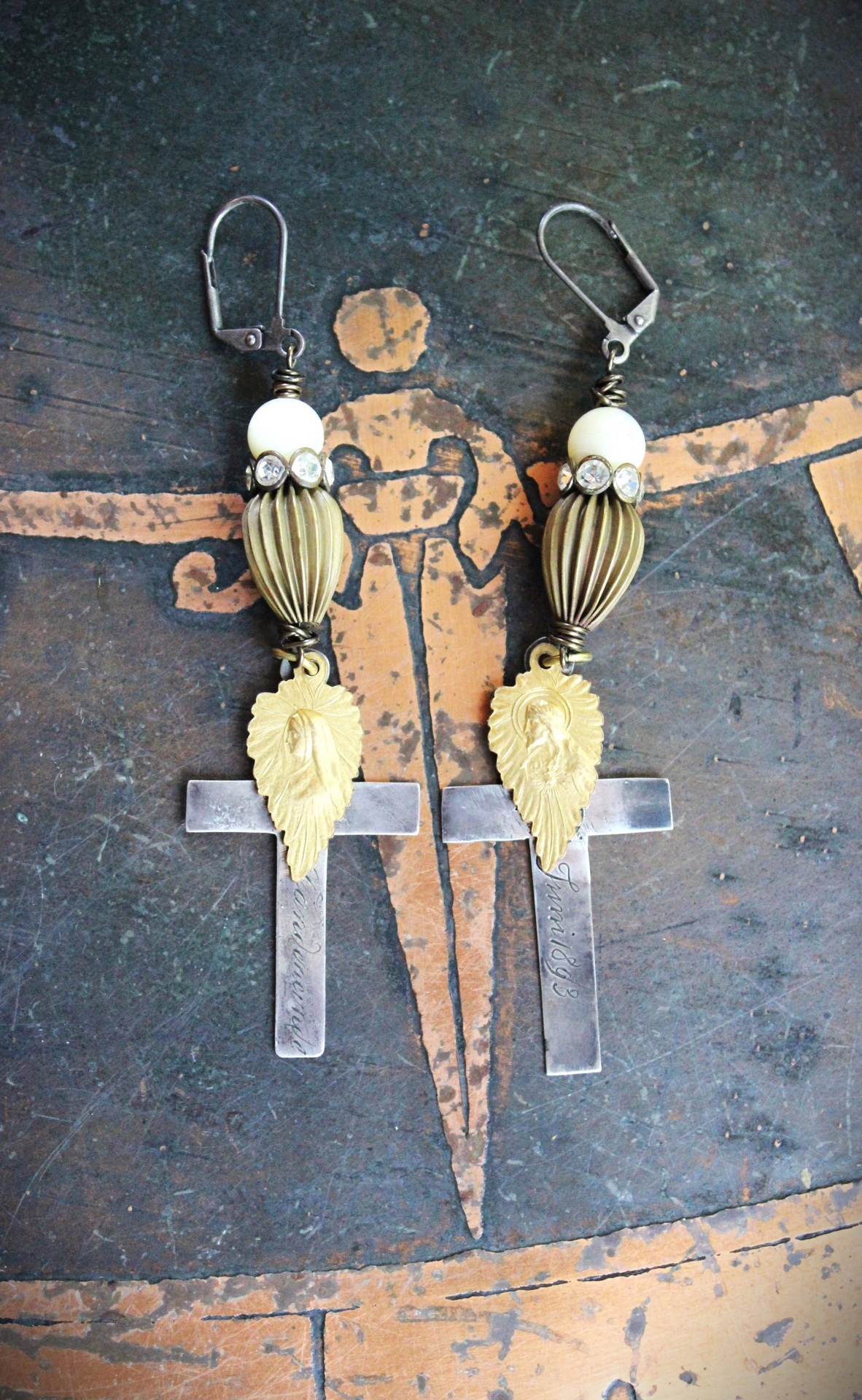 Antique French Sterling Engraved Nun's Cross Earrings w/Gold Leaf Mary and Jesus Findings, Antique Rhinestone Rondelles, Sterling Earring Wires