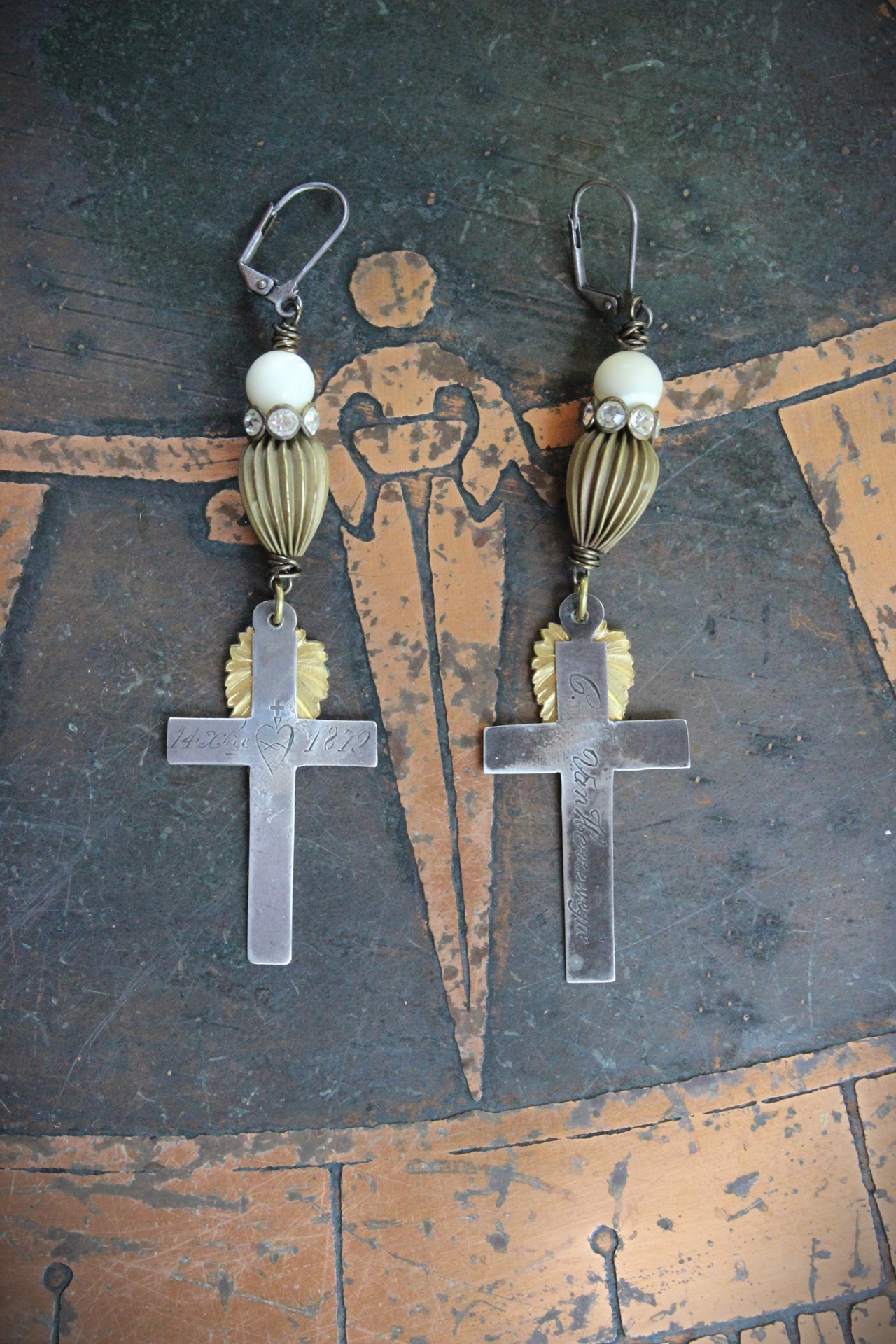 Antique French Sterling Engraved Nun's Cross Earrings w/Gold Leaf Mary and Jesus Findings, Antique Rhinestone Rondelles, Sterling Earring Wires