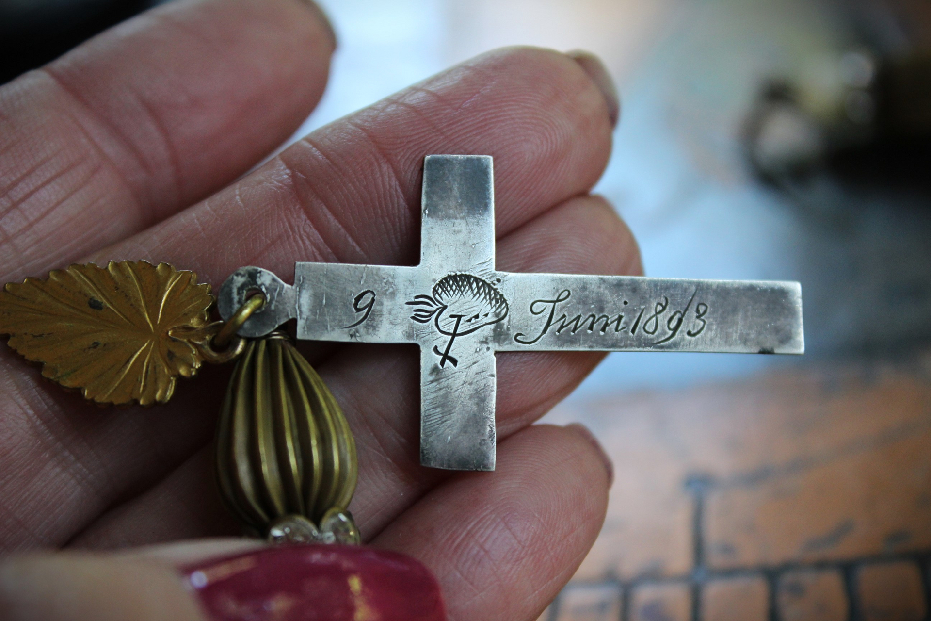 Antique French Sterling Engraved Nun's Cross Earrings w/Gold Leaf Mary and Jesus Findings, Antique Rhinestone Rondelles, Sterling Earring Wires