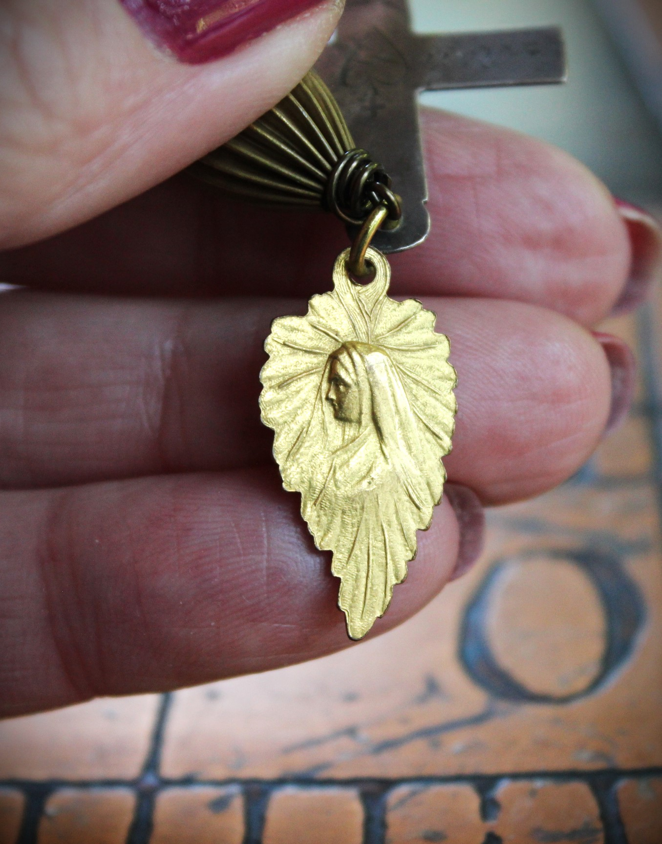 NEW! Antique French Sterling Engraved Nun's Cross Earrings w/Gold Leaf Mary and Jesus Findings, Antique Rhinestone Rondelles, Sterling Earring Wires