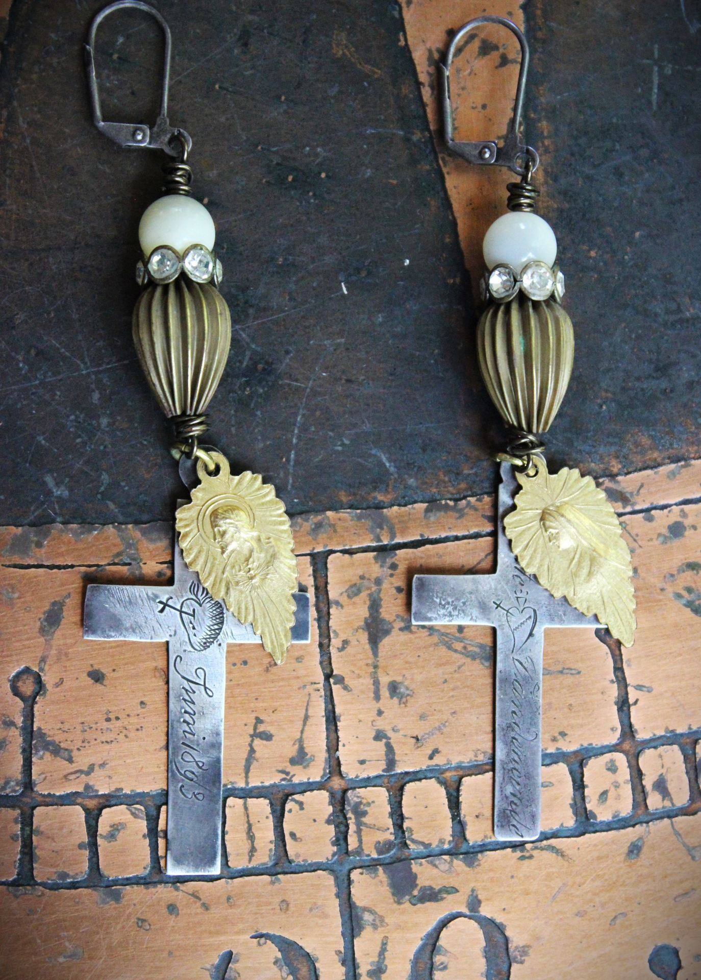 Antique French Sterling Engraved Nun's Cross Earrings w/Gold Leaf Mary and Jesus Findings, Antique Rhinestone Rondelles, Sterling Earring Wires