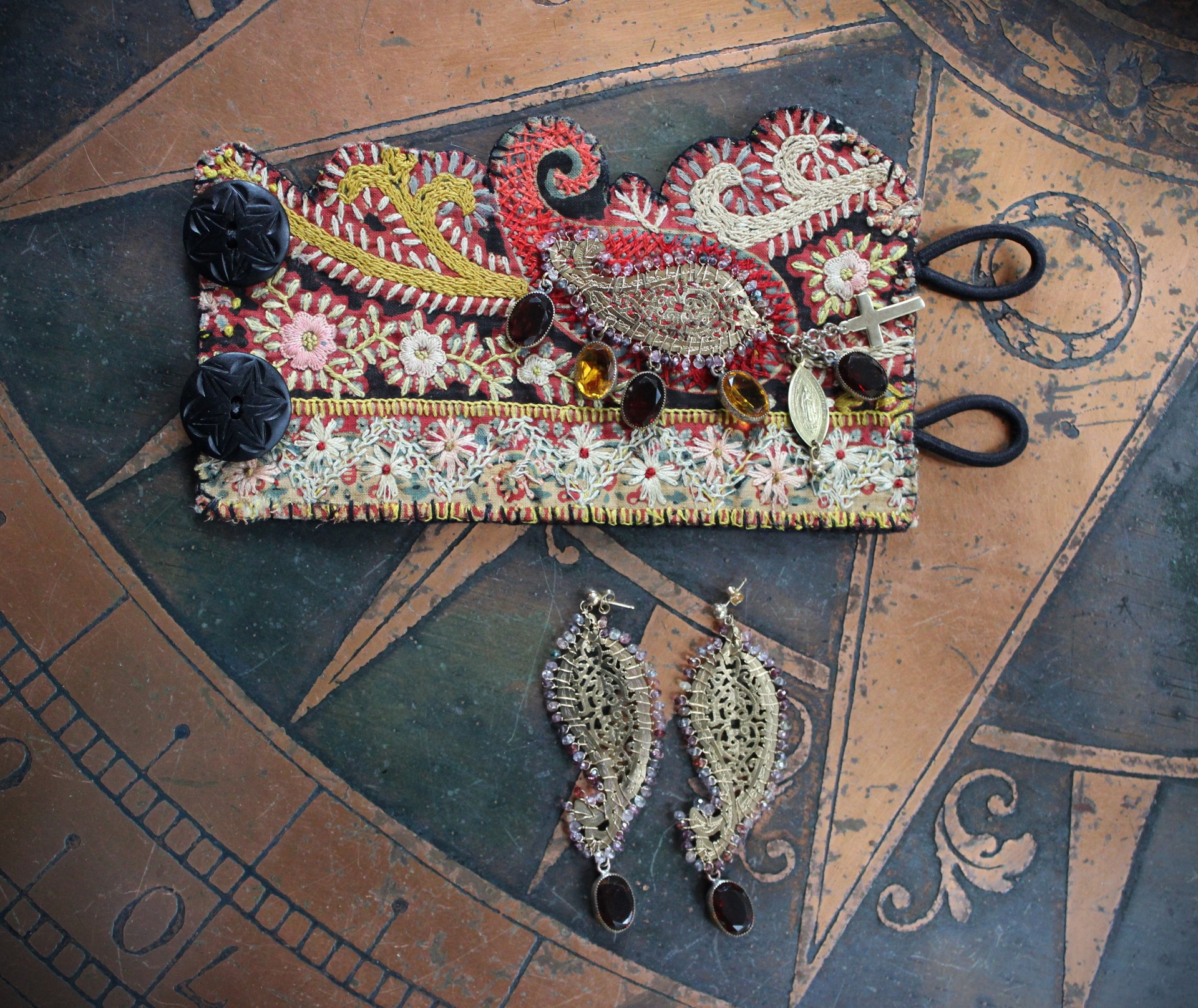 SOLD TO J One Spirit Cuff Bracelet & Earring Set w/Antique Embroidered Paisley Textile,14K GF Open Work & Gemstone Paisleys, Antique Sawtooth Set Crystals & More!