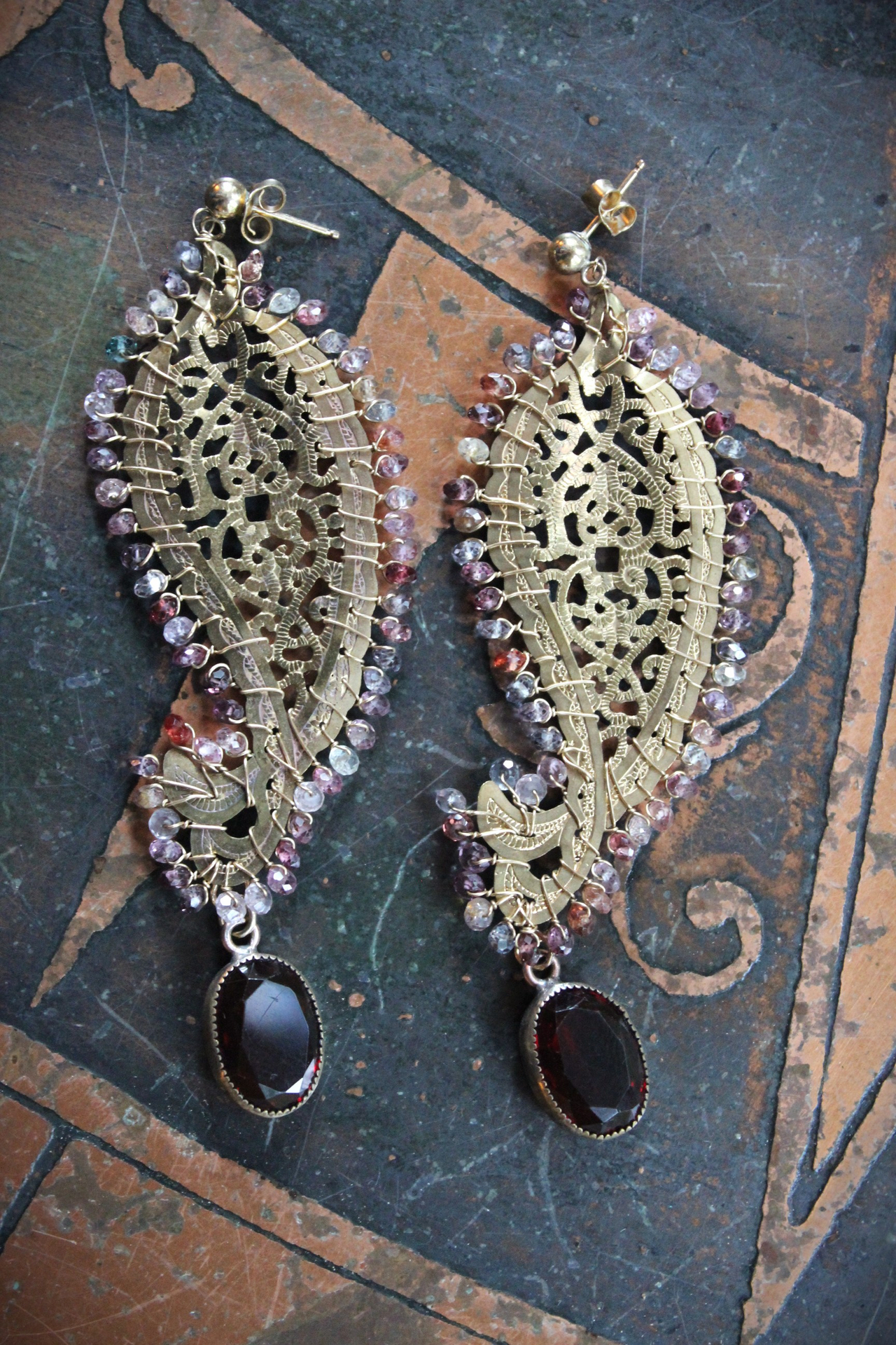 SOLD TO J One Spirit Cuff Bracelet & Earring Set w/Antique Embroidered Paisley Textile,14K GF Open Work & Gemstone Paisleys, Antique Sawtooth Set Crystals & More!