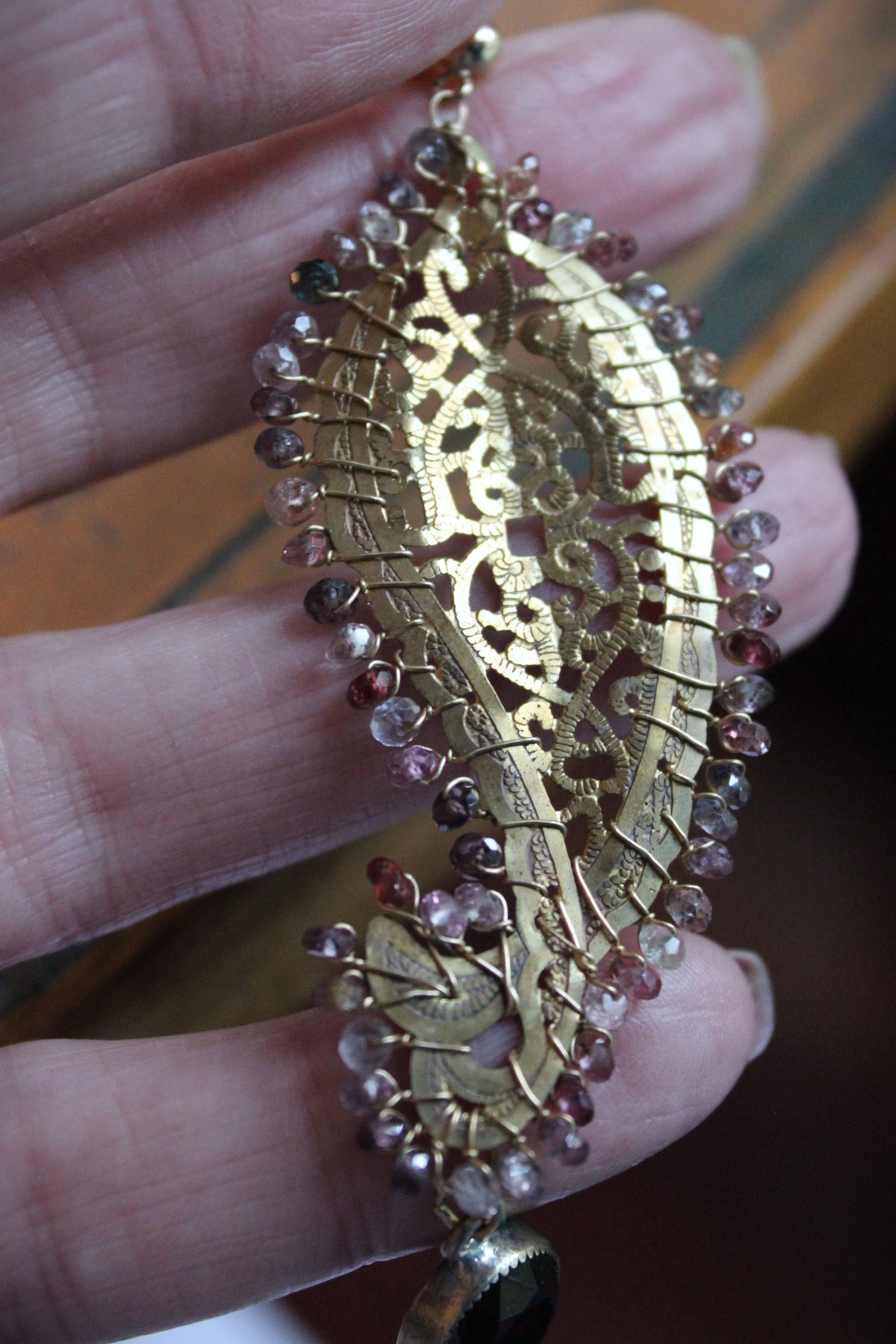 SOLD TO J One Spirit Cuff Bracelet & Earring Set w/Antique Embroidered Paisley Textile,14K GF Open Work & Gemstone Paisleys, Antique Sawtooth Set Crystals & More!