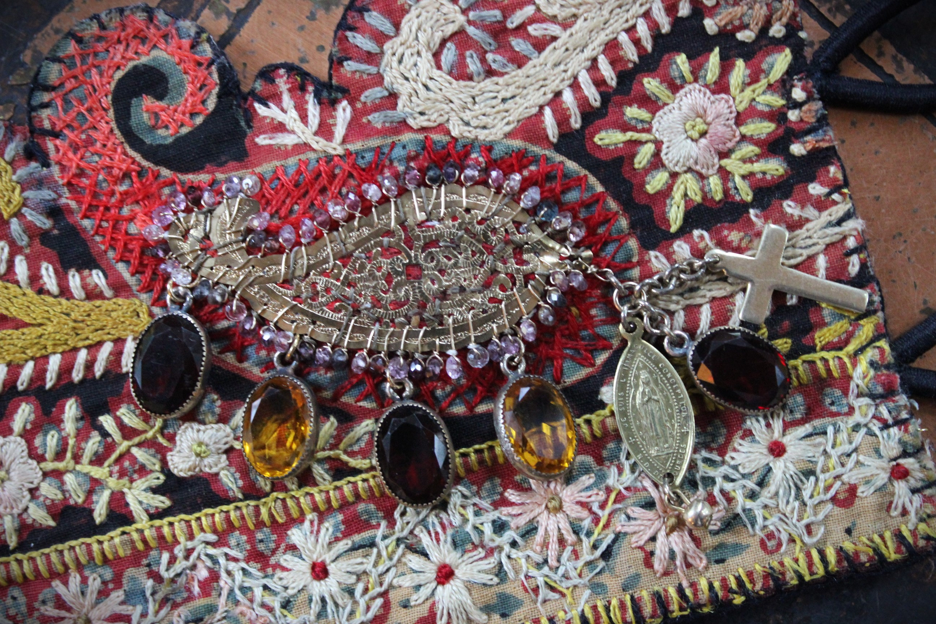One Spirit Cuff Bracelet & Earring Set w/Antique Embroidered Paisley Textile,14K GF Open Work & Gemstone Paisleys, Antique Sawtooth Set Crystals & More!
