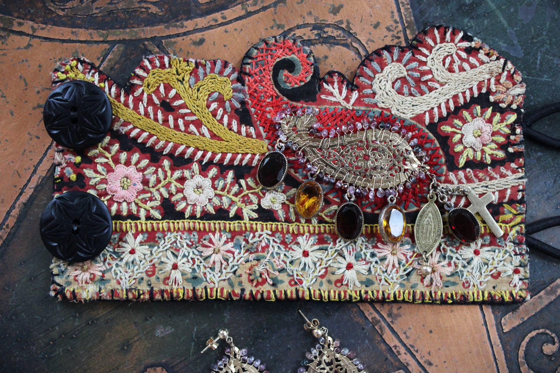 SOLD TO J One Spirit Cuff Bracelet & Earring Set w/Antique Embroidered Paisley Textile,14K GF Open Work & Gemstone Paisleys, Antique Sawtooth Set Crystals & More!