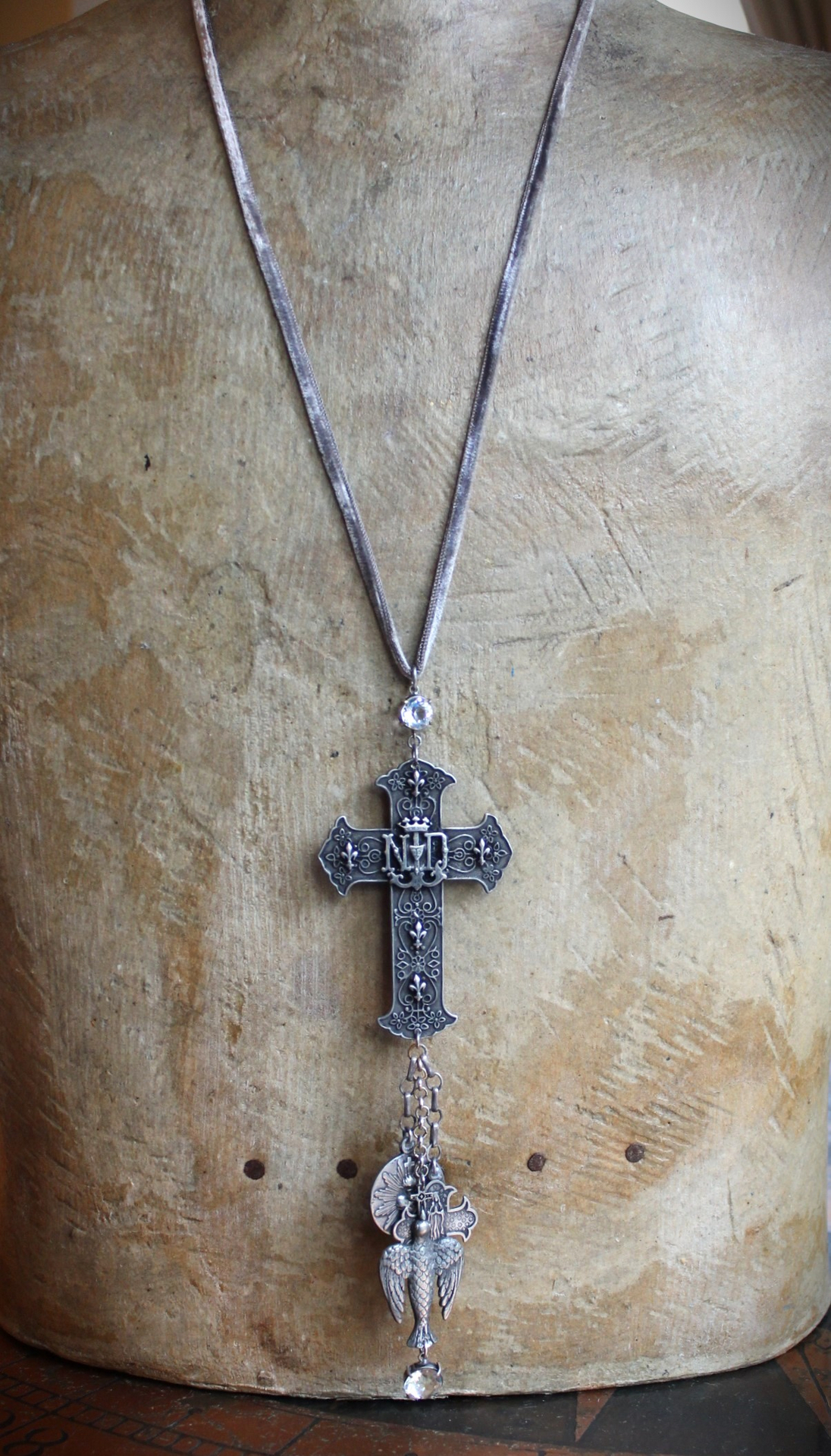 Rare Notre Dame Cross Necklace with Dove of Peace, Sacred Heart,4 Way Marian Cross Medals,Faceted Rock Crystals,Antique Silk Velvet  Chain
