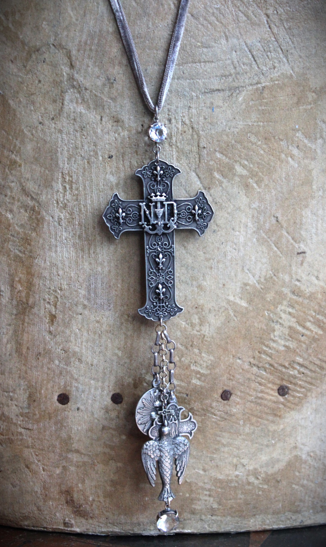 Rare Notre Dame Cross Necklace with Dove of Peace, Sacred Heart,4 Way Marian Cross Medals,Faceted Rock Crystals,Antique Silk Velvet  Chain