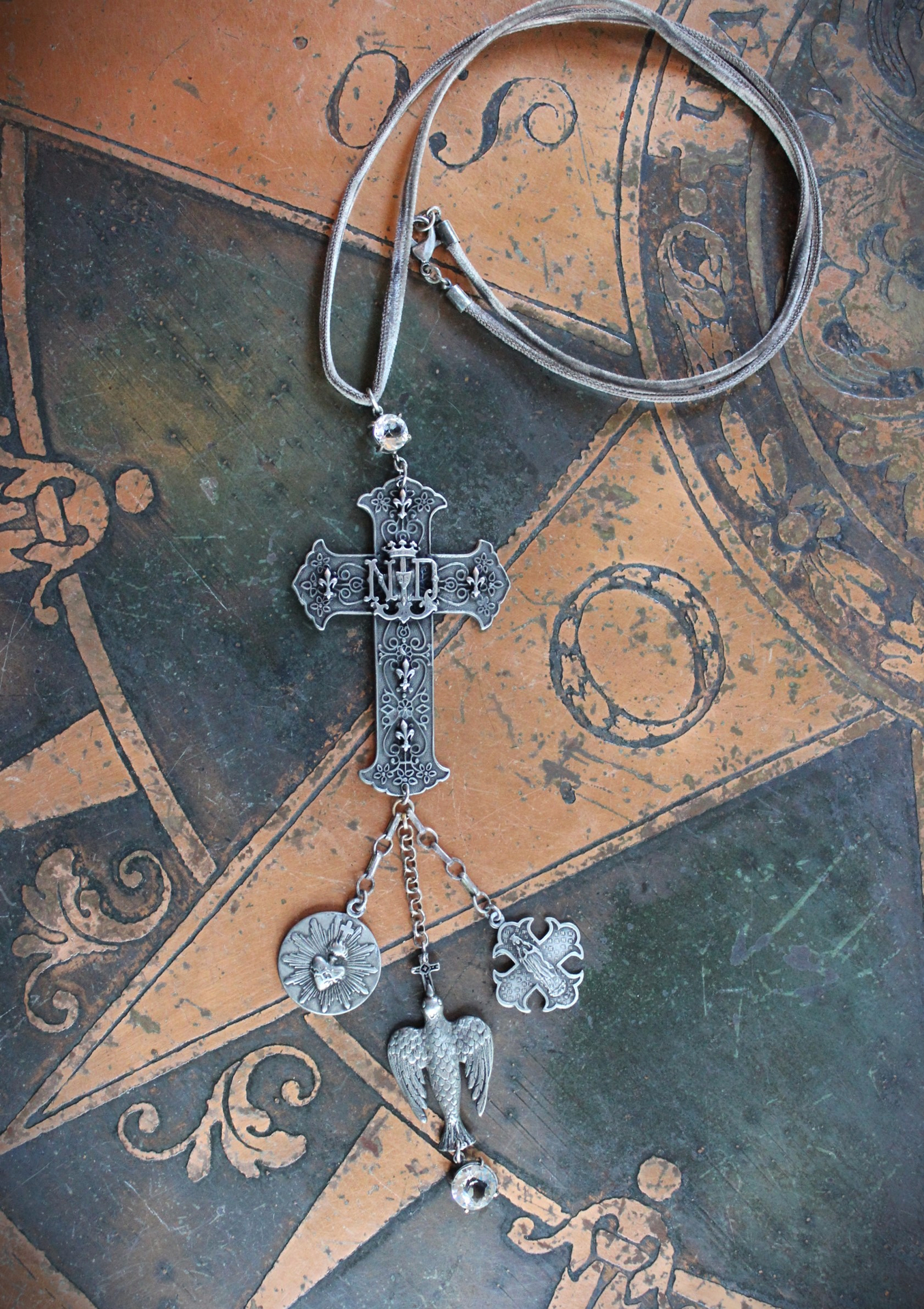 Rare Notre Dame Cross Necklace with Dove of Peace, Sacred Heart,4 Way Marian Cross Medals,Faceted Rock Crystals,Antique Silk Velvet  Chain