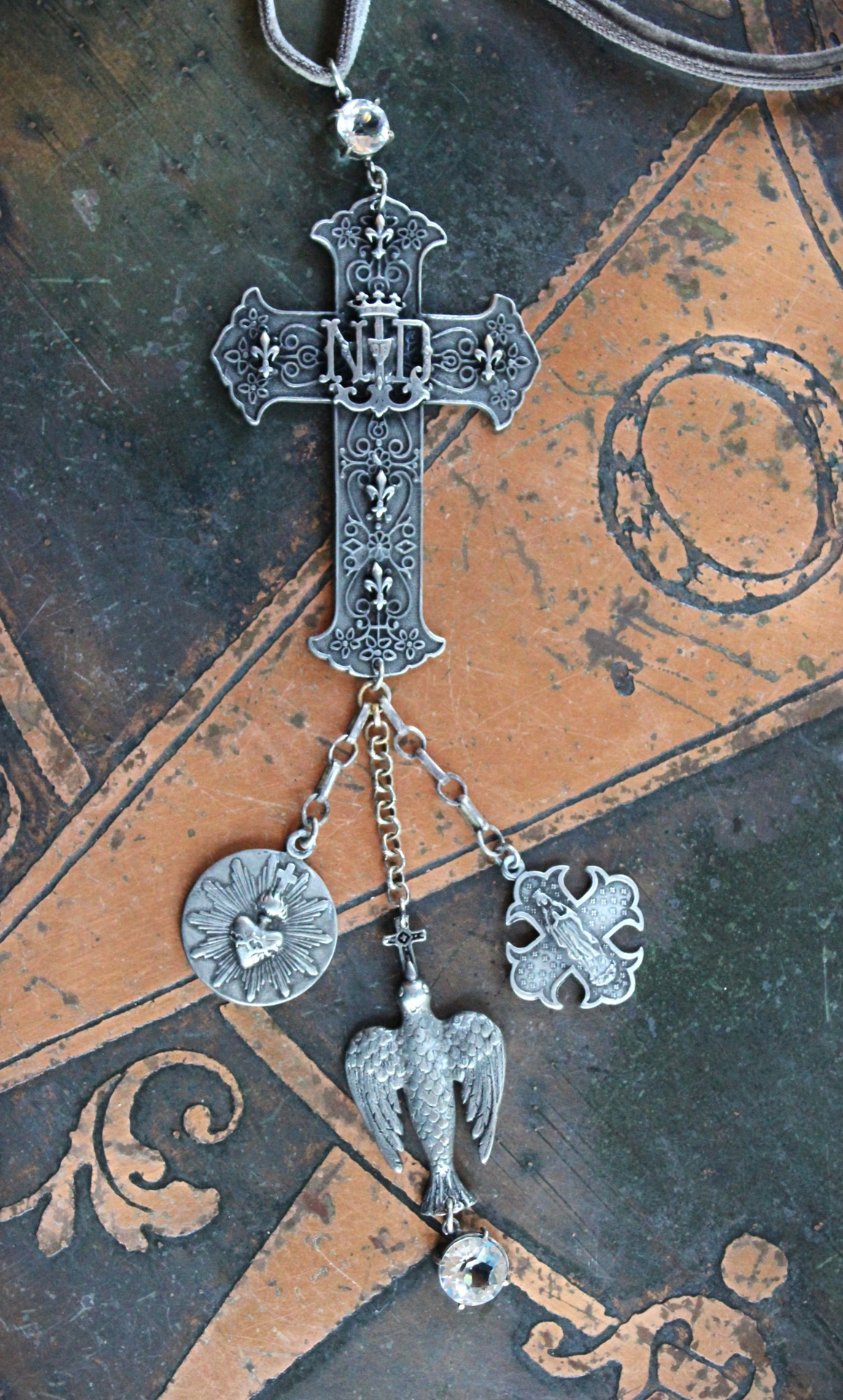 Rare Notre Dame Cross Necklace with Dove of Peace, Sacred Heart,4 Way Marian Cross Medals,Faceted Rock Crystals,Antique Silk Velvet  Chain