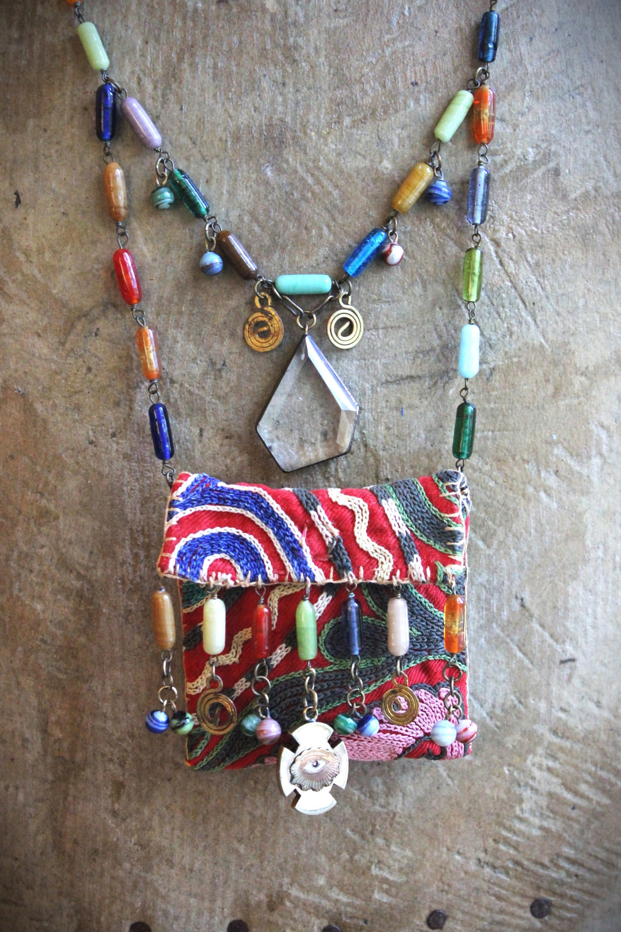 Antique Embroidered Textile Pouch Necklace with Rare Antique IOOF All Seeing Eye,Antique Art Deco Beads,Clear Quartz Stones & More!