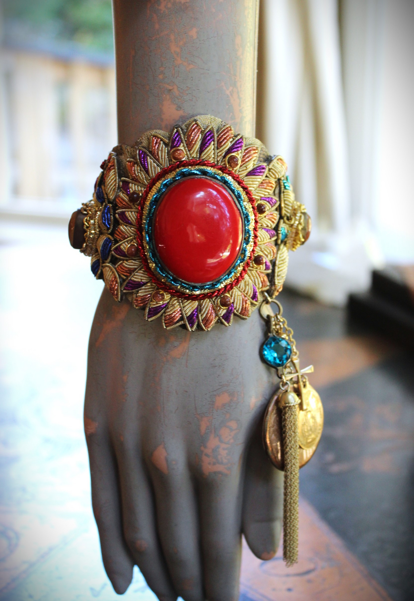 Antique Real Gold Metal & Gemstone Red Coral Textile Cuff Bracelet with Antique Rolled Gold Locket,Antique French Marian Medal & More!